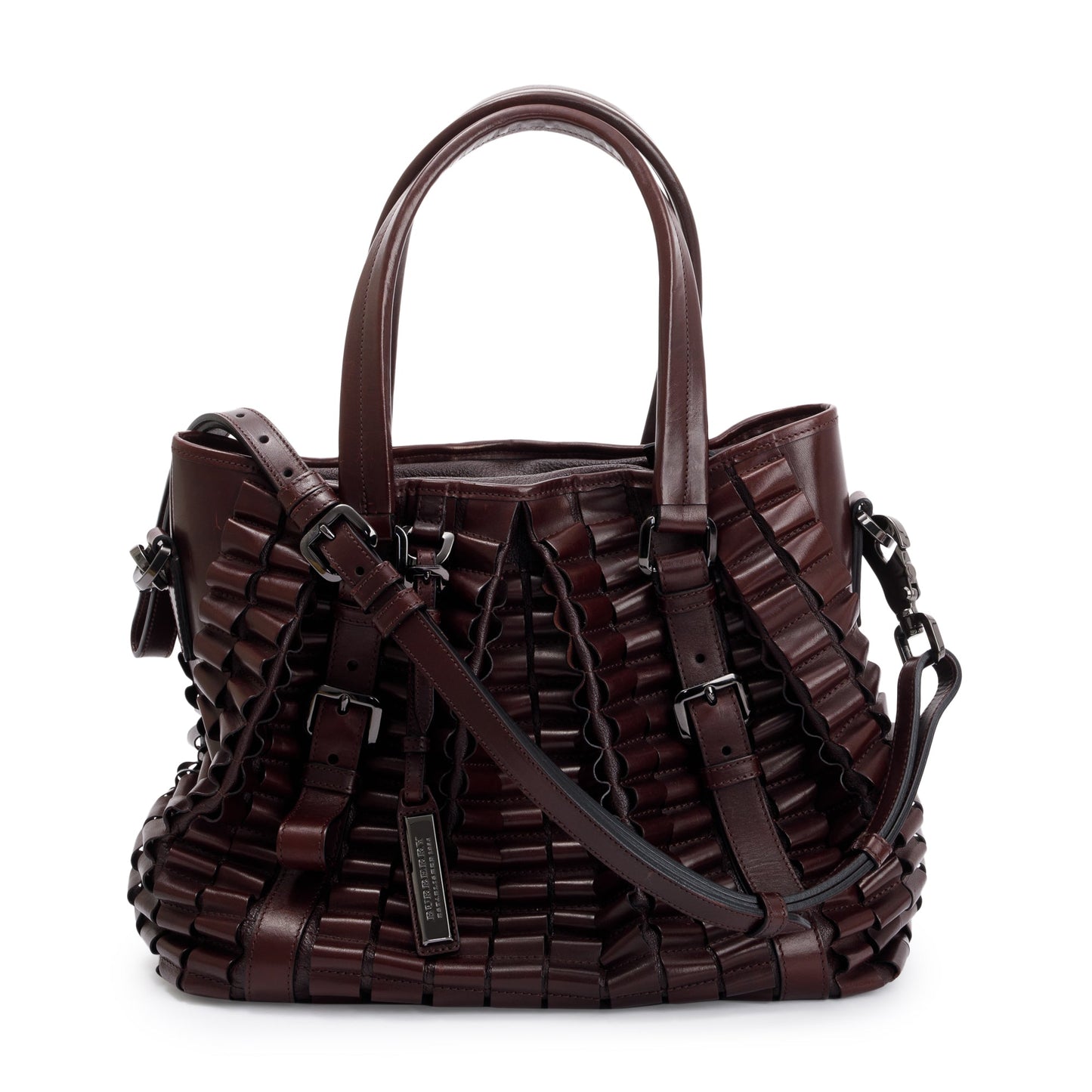 Burberry Burgundy Calfskin Leather Cartridge Pleated Lowry Tote