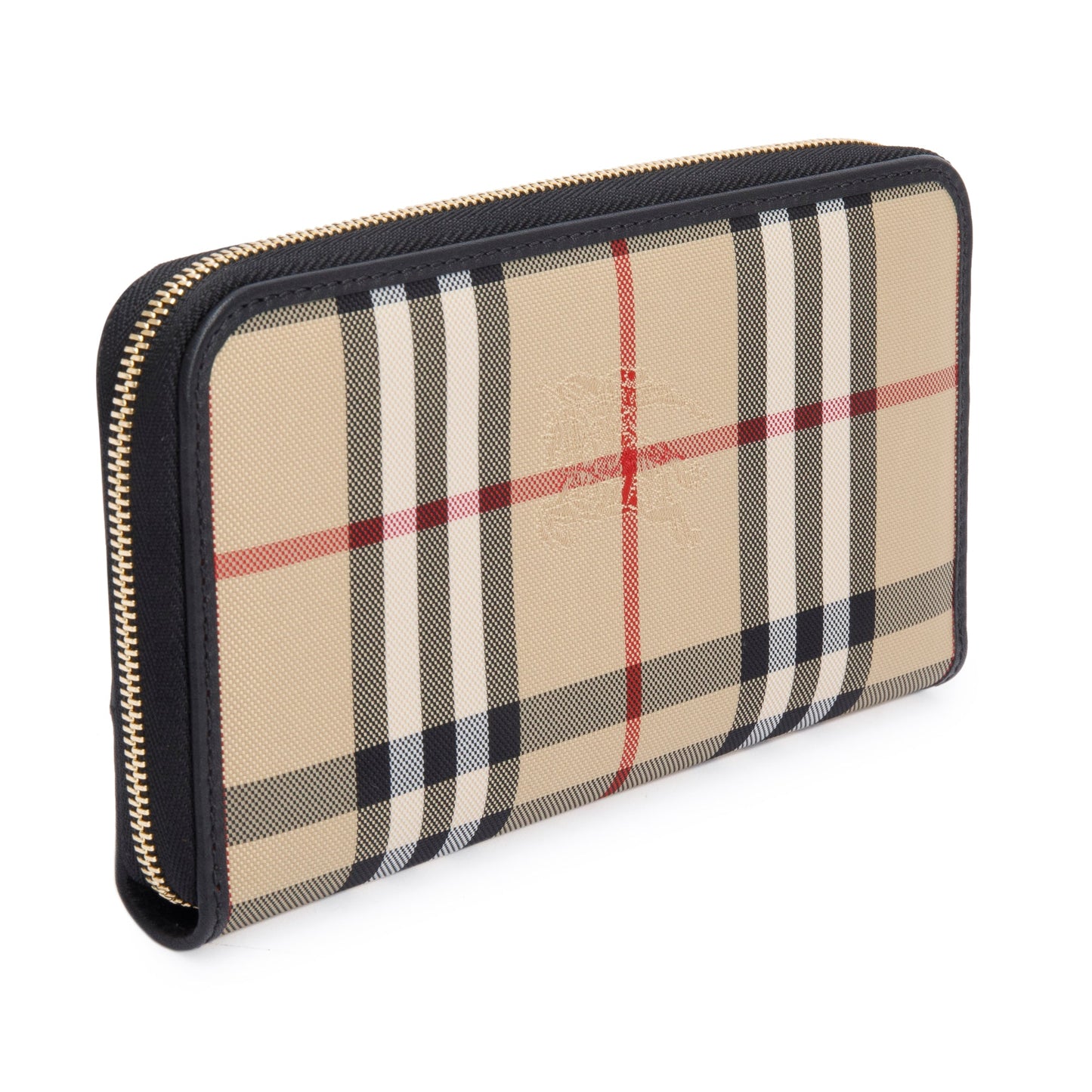 Burberry Check Canvas Black Leather Trim Derby Continental Zip Wallet
