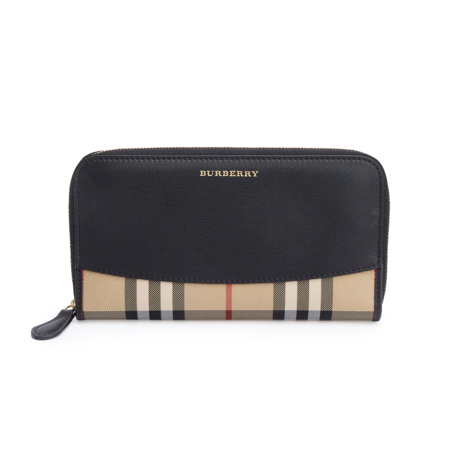 Burberry Check Canvas Black Leather Trim Derby Continental Zip Wallet