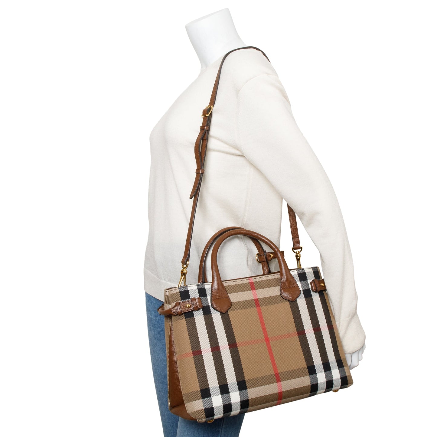 Burberry House Check Brown Leather Trim Medium Banner Tote
