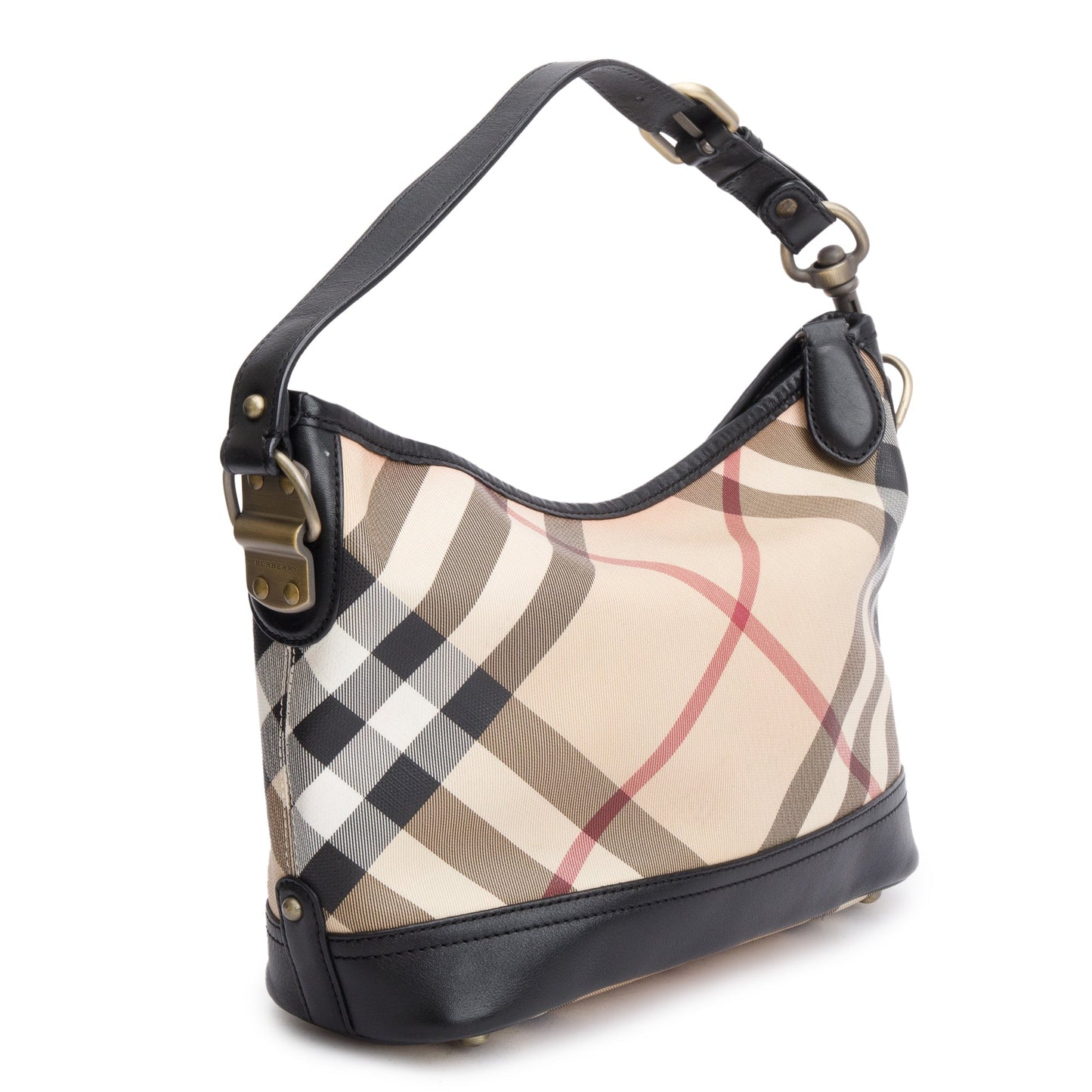 Burberry Nova Check Canvas Black Leather Trim Hobo Bag