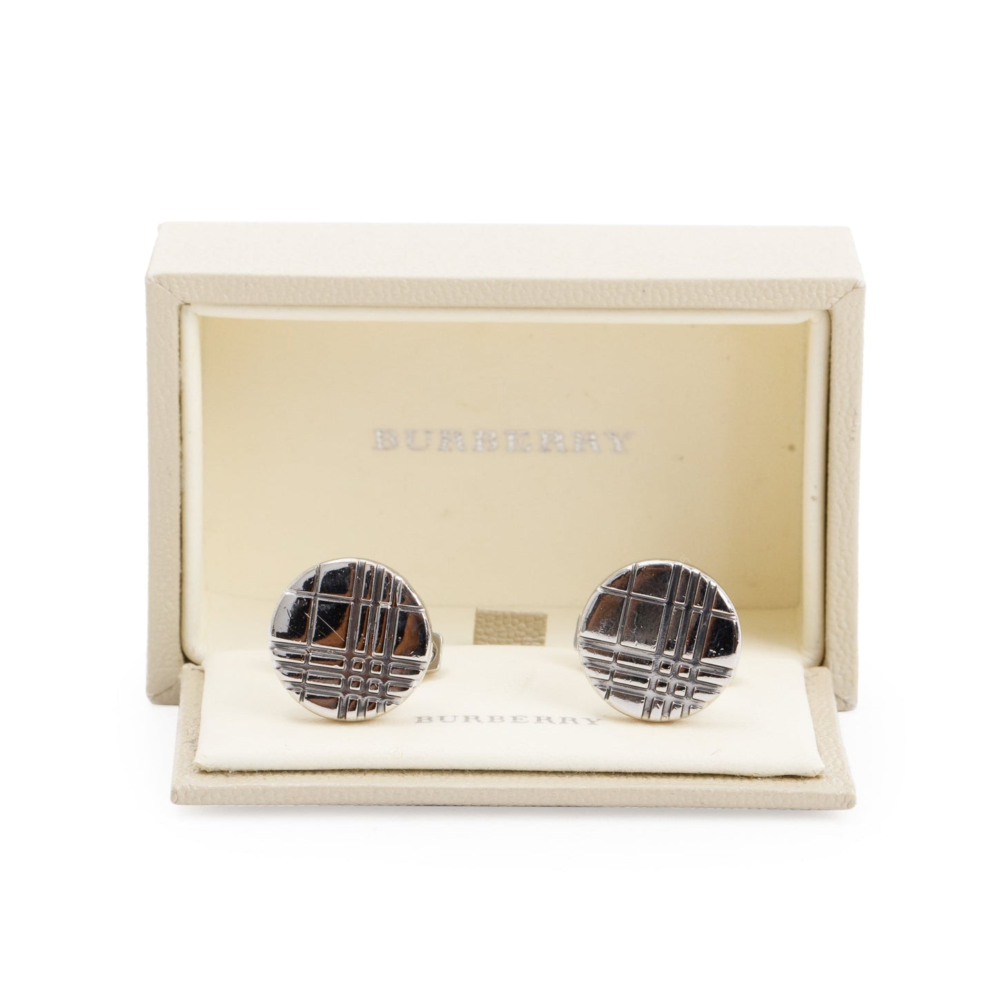 Burberry Palladium Plated Check-Engraved Round Cufflinks