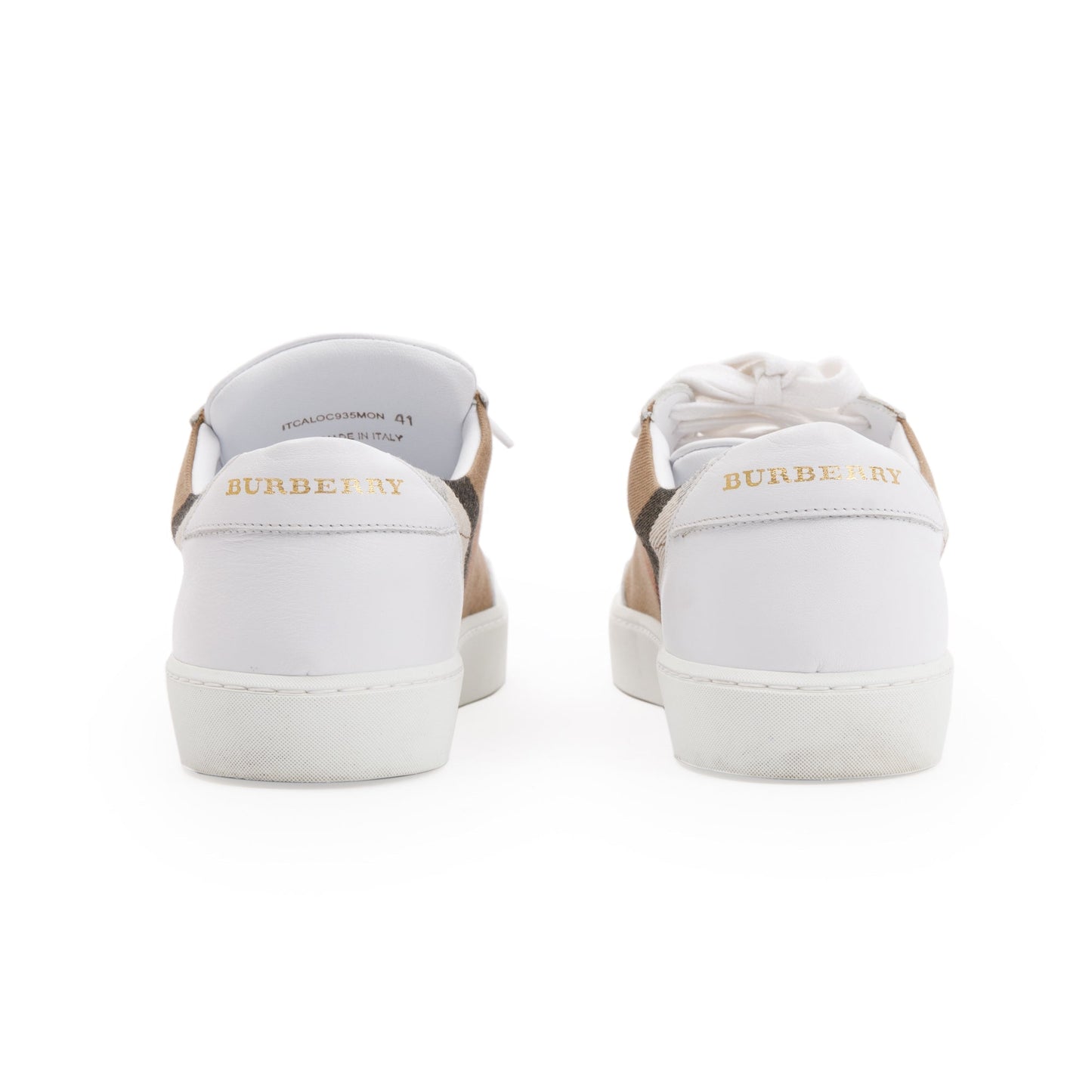 Burberry White House Check and Leather Low Top Sneakers, Size 41