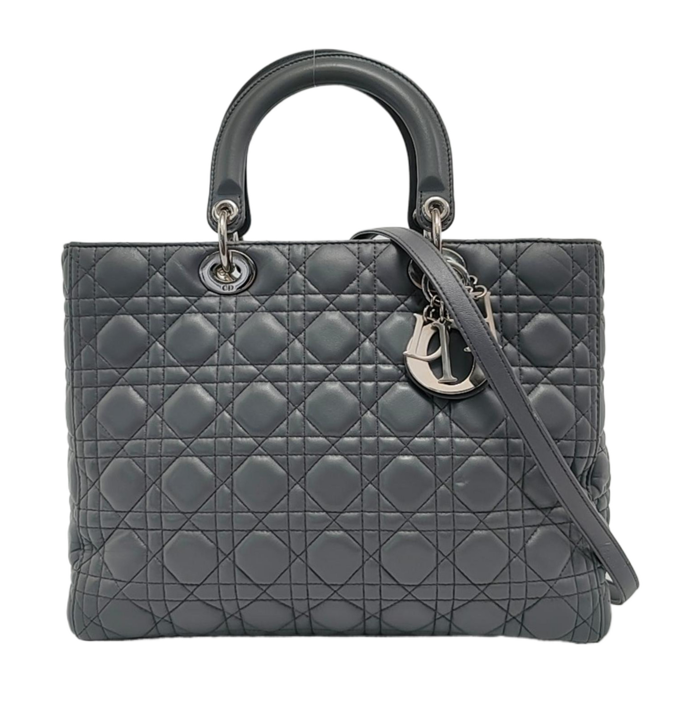 Lady Dior Large Dark Grey Lambskin Cannage Leather Silver Hardware
