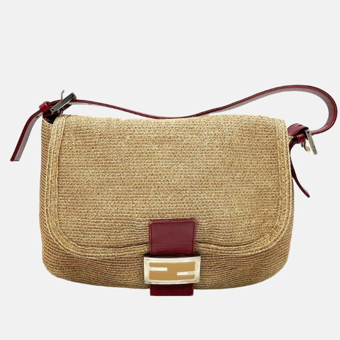 Fendi Mamma Baguette Raffia Straw Shoulder Bag Red Leather Strap