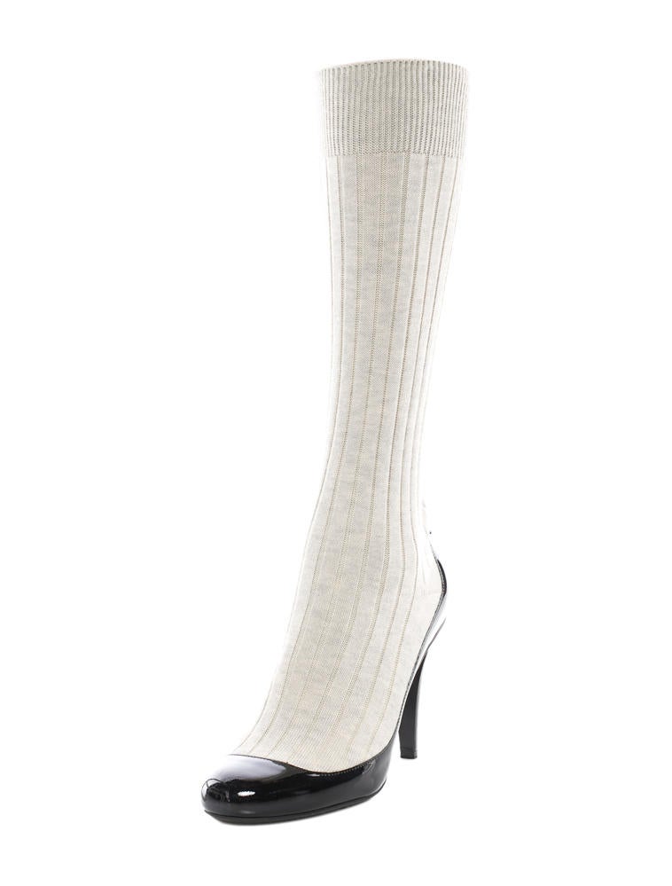 CHANEL BLACK PATENT LEATHER KNIT SOCK BOOTIES SIZE 37.5