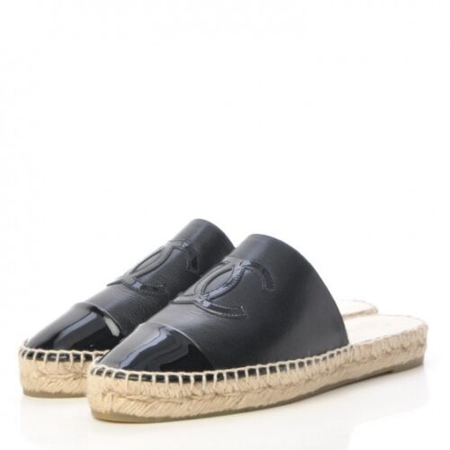 CHANEL CC CAP TOE LEATHER ESPADRILLE MULES