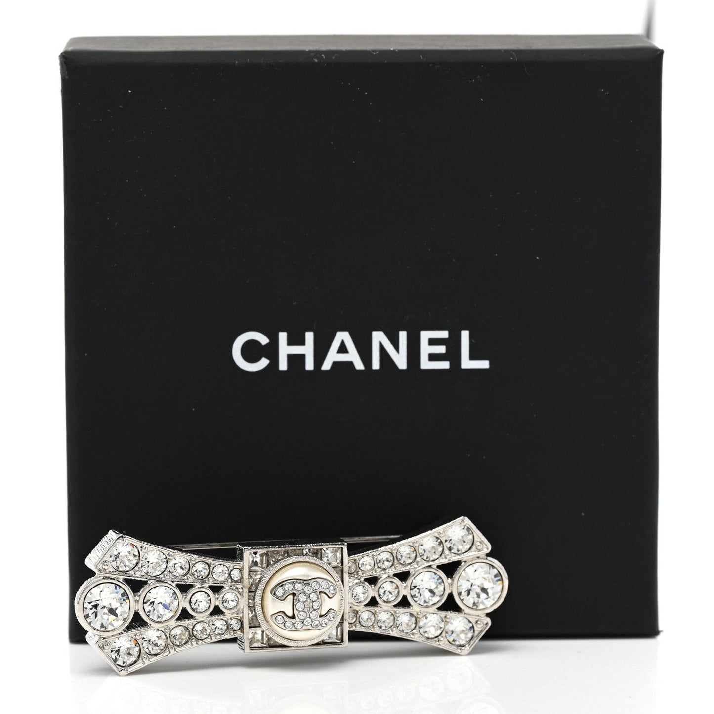 CHANEL CC LOGO CRYSTAL BOW BROOCH HAIR PIN