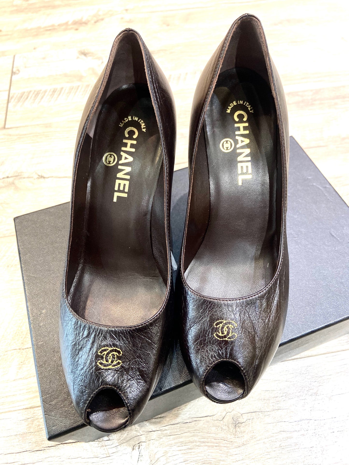 CHANEL CC CALFSKIN LEATHER PEEP TOE PUMPS