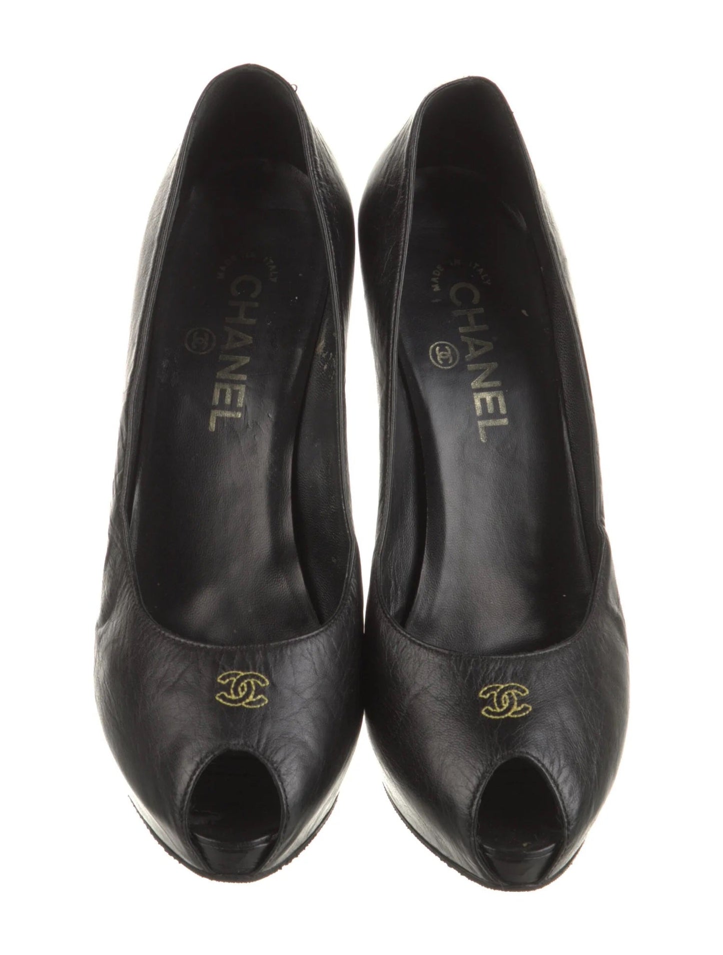 CHANEL CC CALFSKIN LEATHER PEEP TOE PUMPS