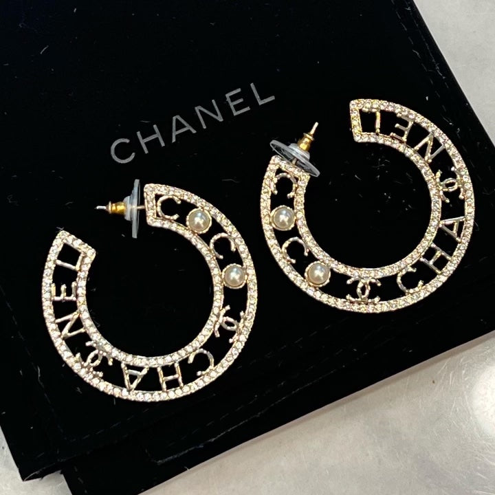 CHANEL CRYSTAL PEARL CC HOOP EARRINGS
