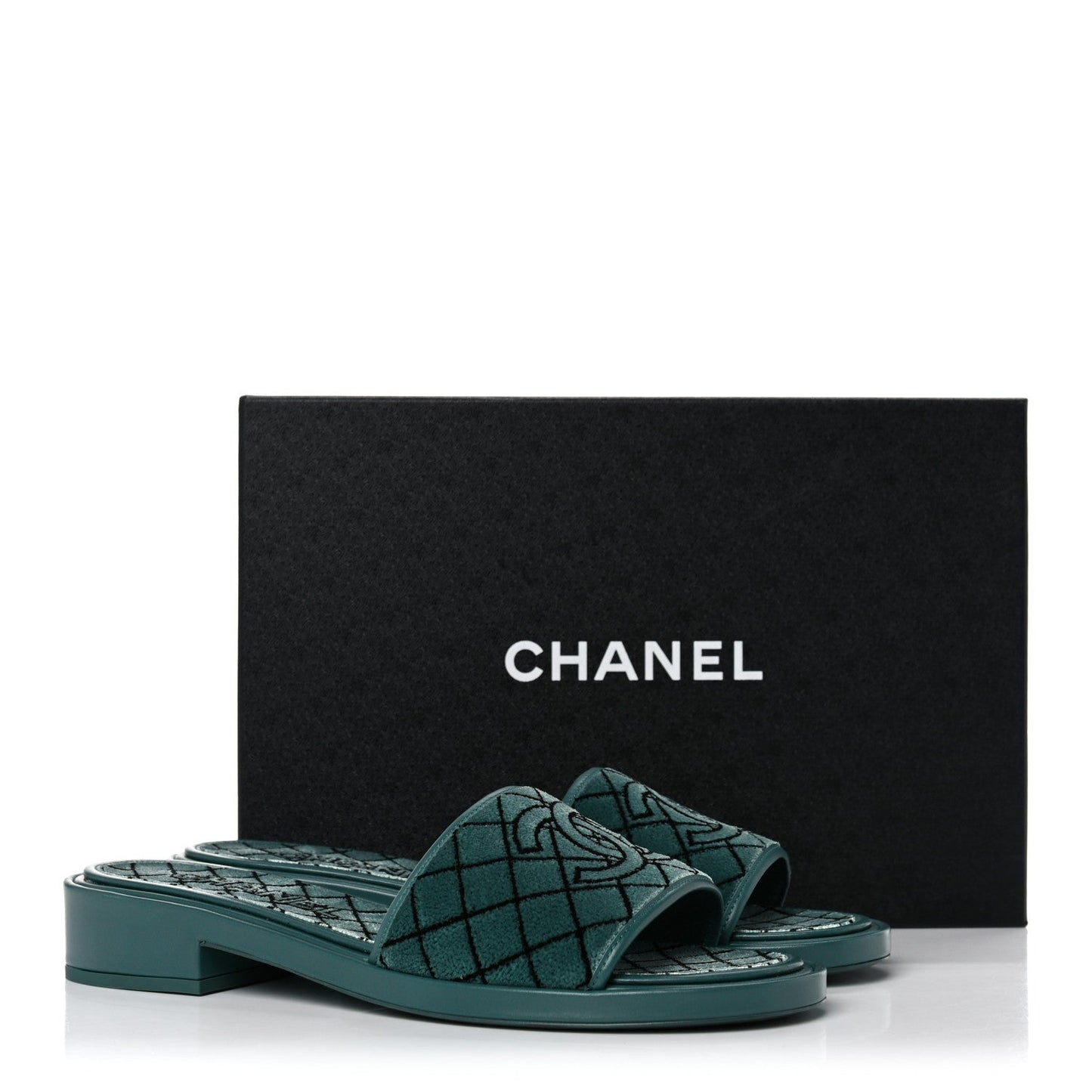 CHANEL CC EMROIDERED FABRIC & CALFSKIN SLIDE MULES