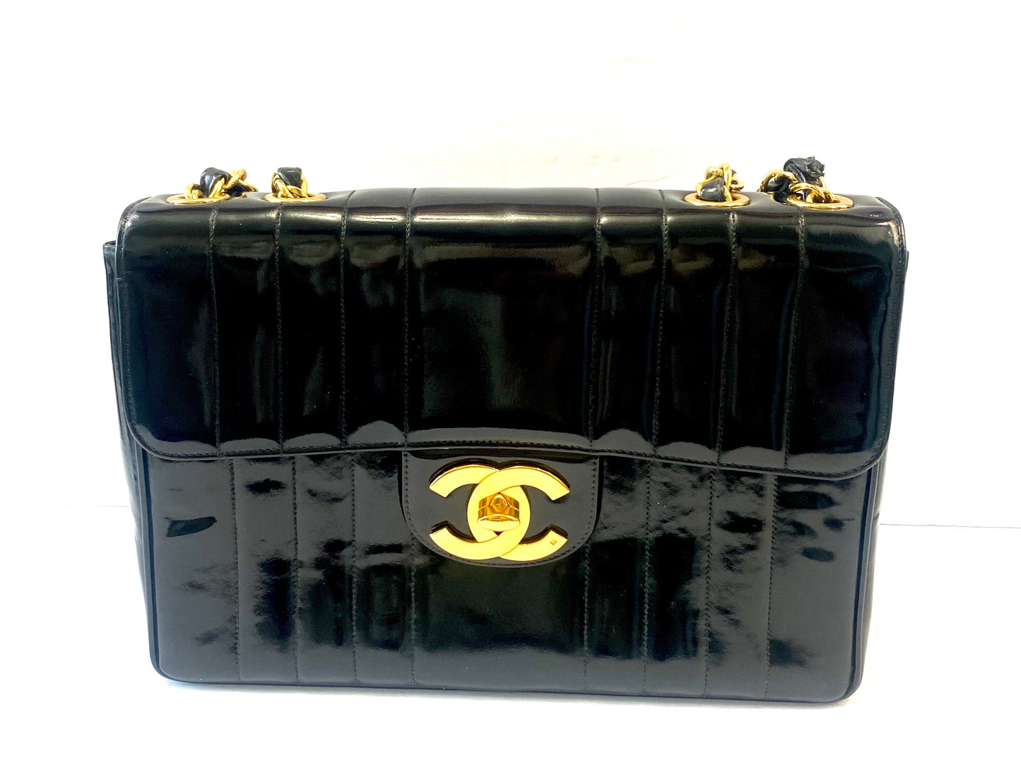 CHANEL JUMBO MADEMOISELLE VERTICAL QUILT VINTAGE PATENT LEATHER BAG