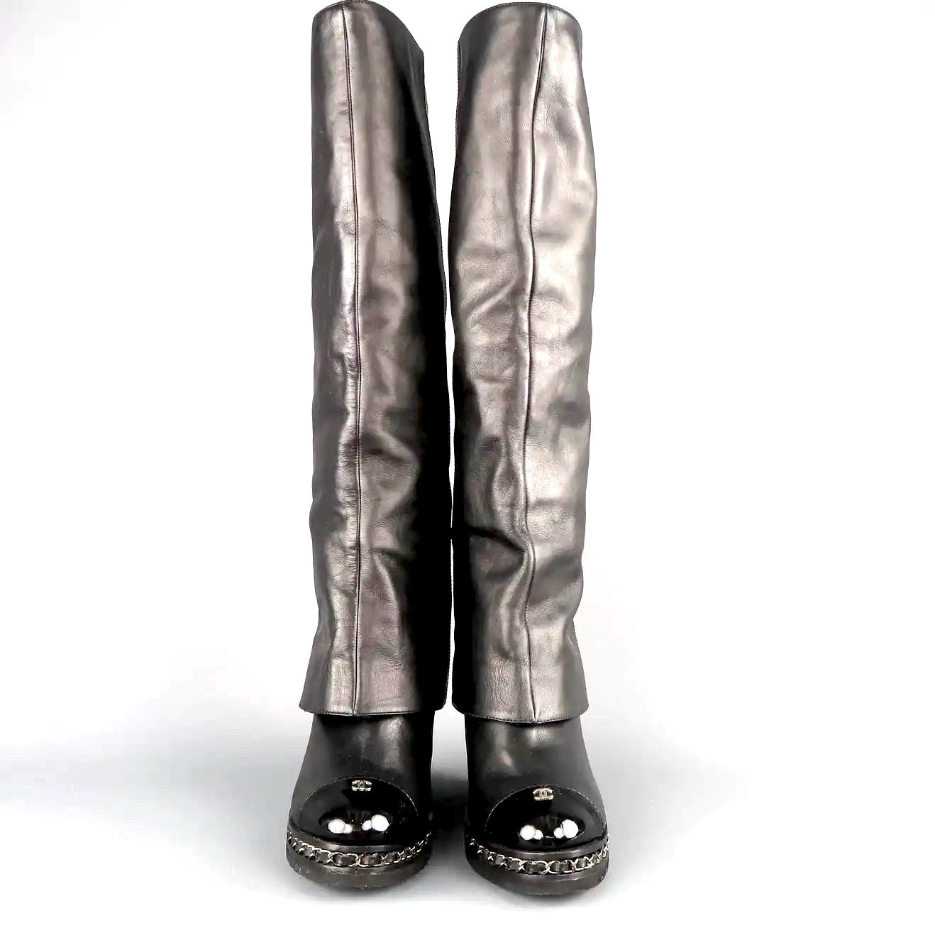 CHANEL LEATHER FOLD OVER KNEE HIGH CAP TOE CHAIN WEDGE HEEL BOOTS