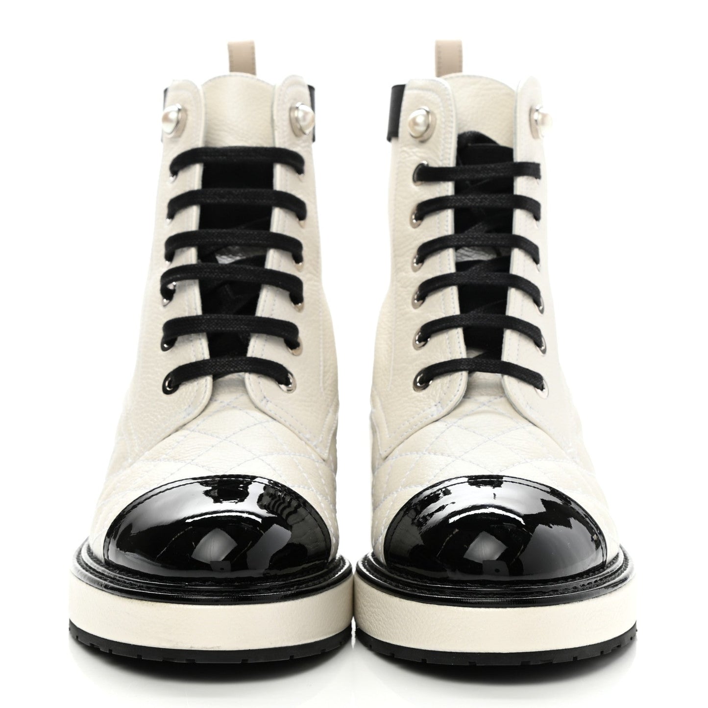 CHANEL PEARLY CALFSKIN QUILTED LACE-UP BOOTS