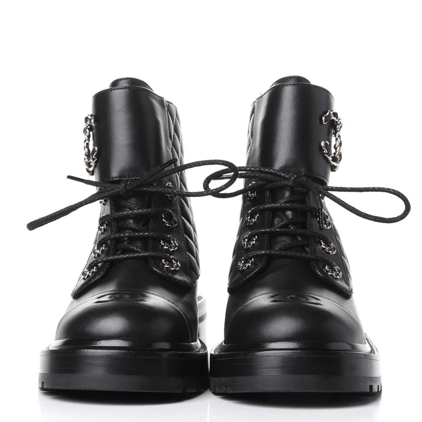 CHANEL SHINY QUILTED GOATSKIN CALFSKIN LACE-UP COMBAT BOOTS