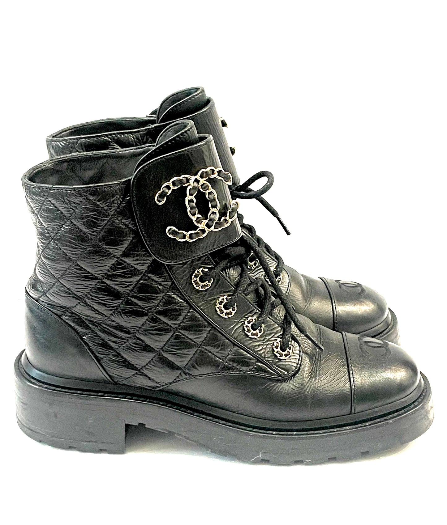 CHANEL SHINY QUILTED GOATSKIN CALFSKIN LACE-UP COMBAT BOOTS