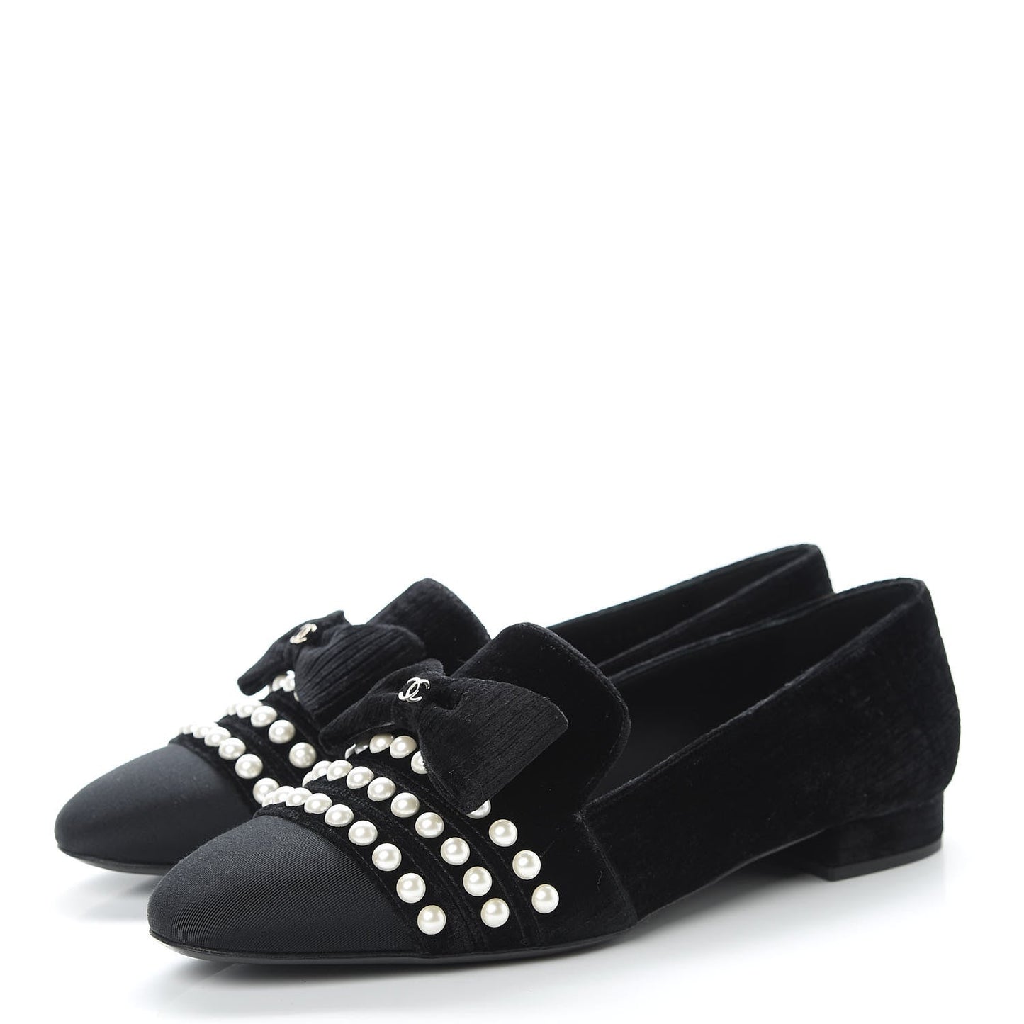 CHANEL VELVET GROSGRAIN PEARLS MOCCASIN LOAFERS