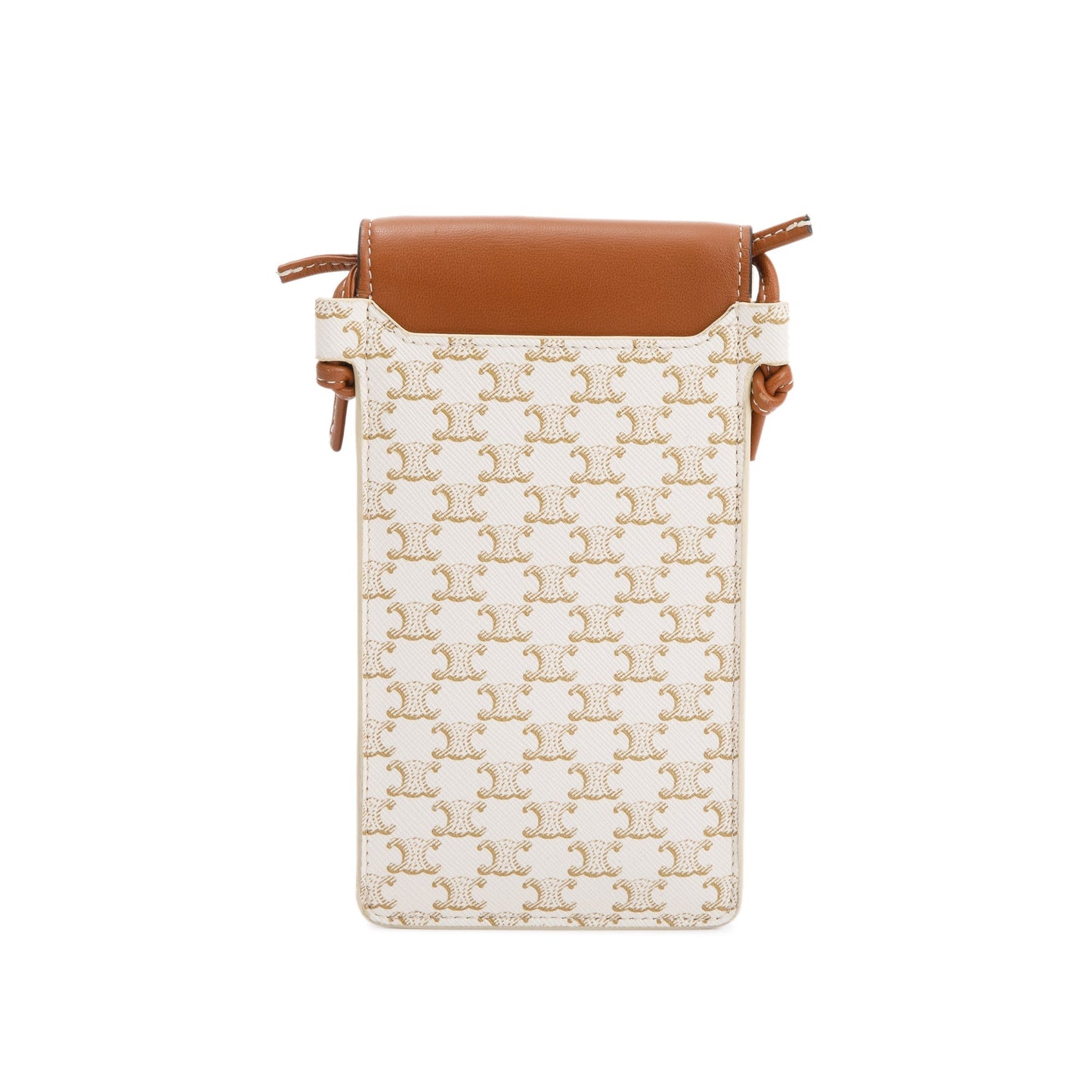 Celine 2021 White Triomphe Canvas & Tan Lambskin Leather Flap Phone Pouch