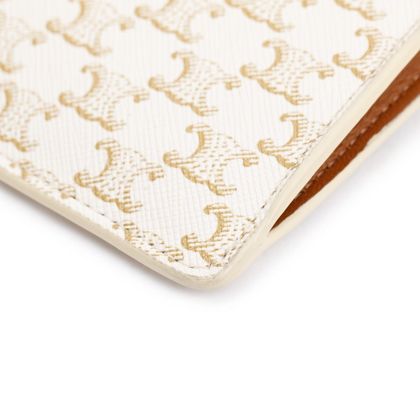 Celine 2021 White Triomphe Canvas & Tan Lambskin Leather Flap Phone Pouch