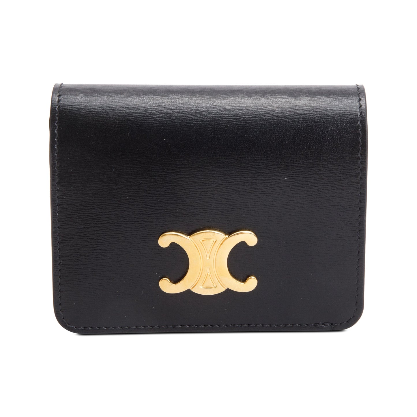 Celine 2023 Black Shiny Calfskin Leather Triomphe Compact Wallet