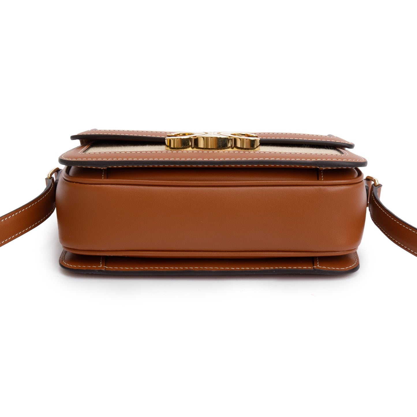 Celine 2023 Natural Canvas Tan Calfskin Leather Teen Triomphe Shoulder Bag