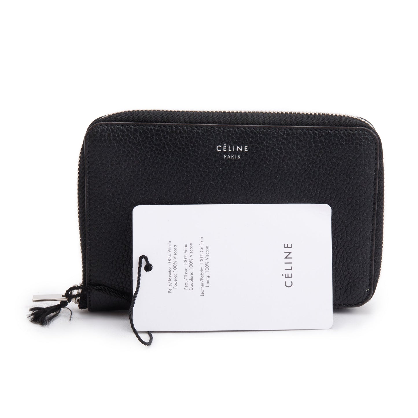 Celine Black Grained Calfskin Leather Zipped Compact Wallet