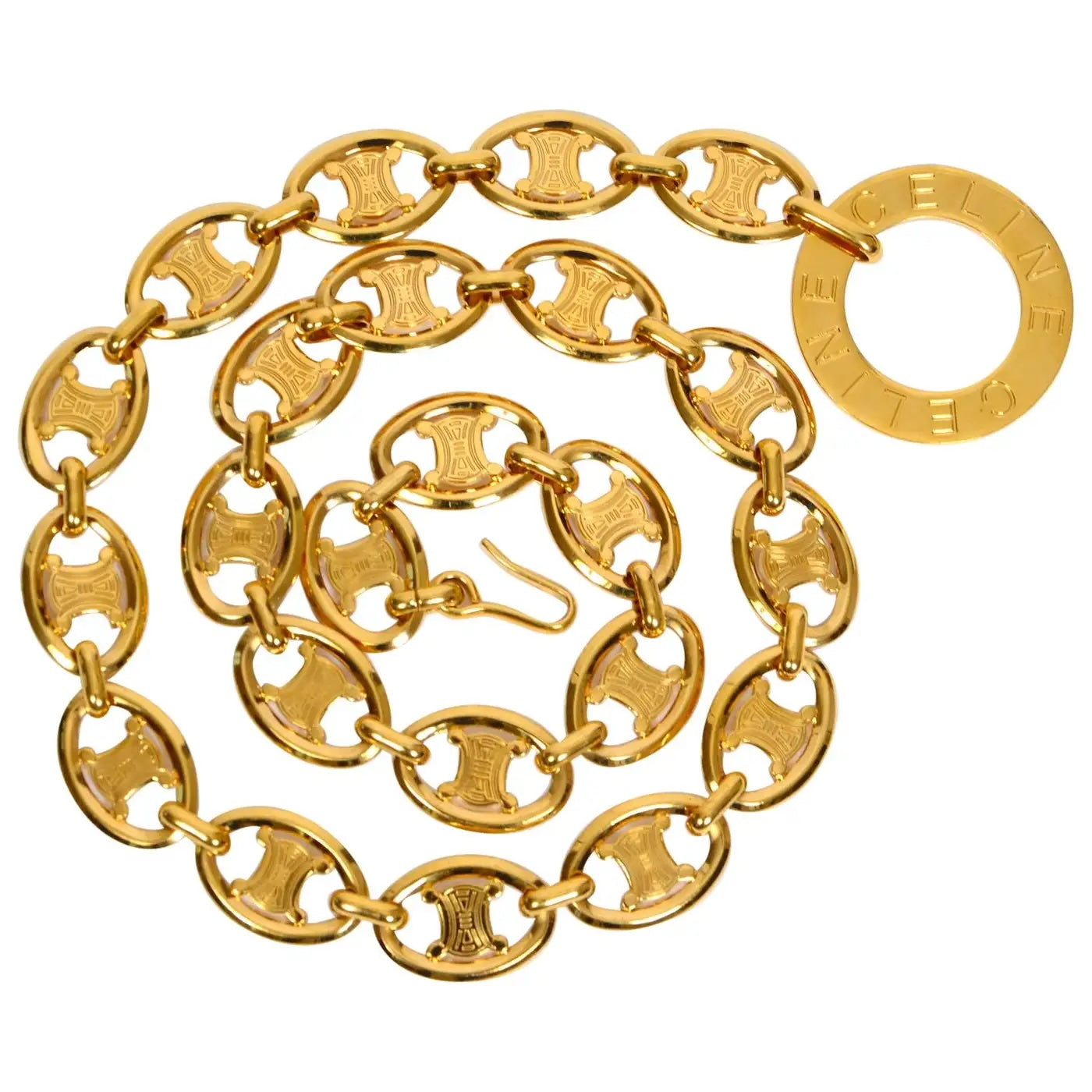 CÉLINE VINTAGE LARGE SIGNED GOLD-TONE LOGO CHAIN LINK BELT