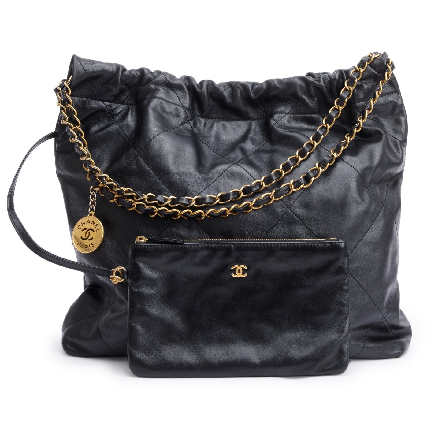 Chanel Black Shiny Calfskin Leather Small Chanel 22 Hobo