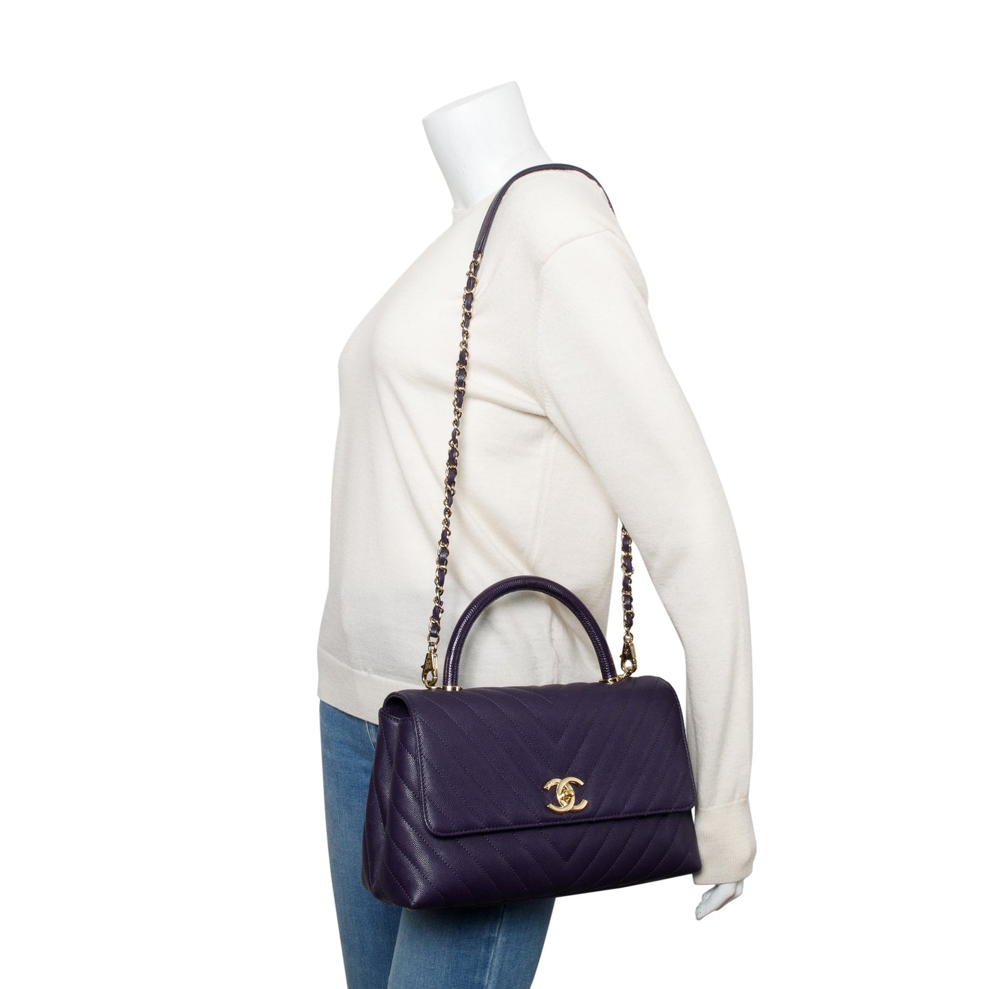 Chanel 202 Purple Chevron Quilted Caviar Leather Coco Top Handle Flap Bag