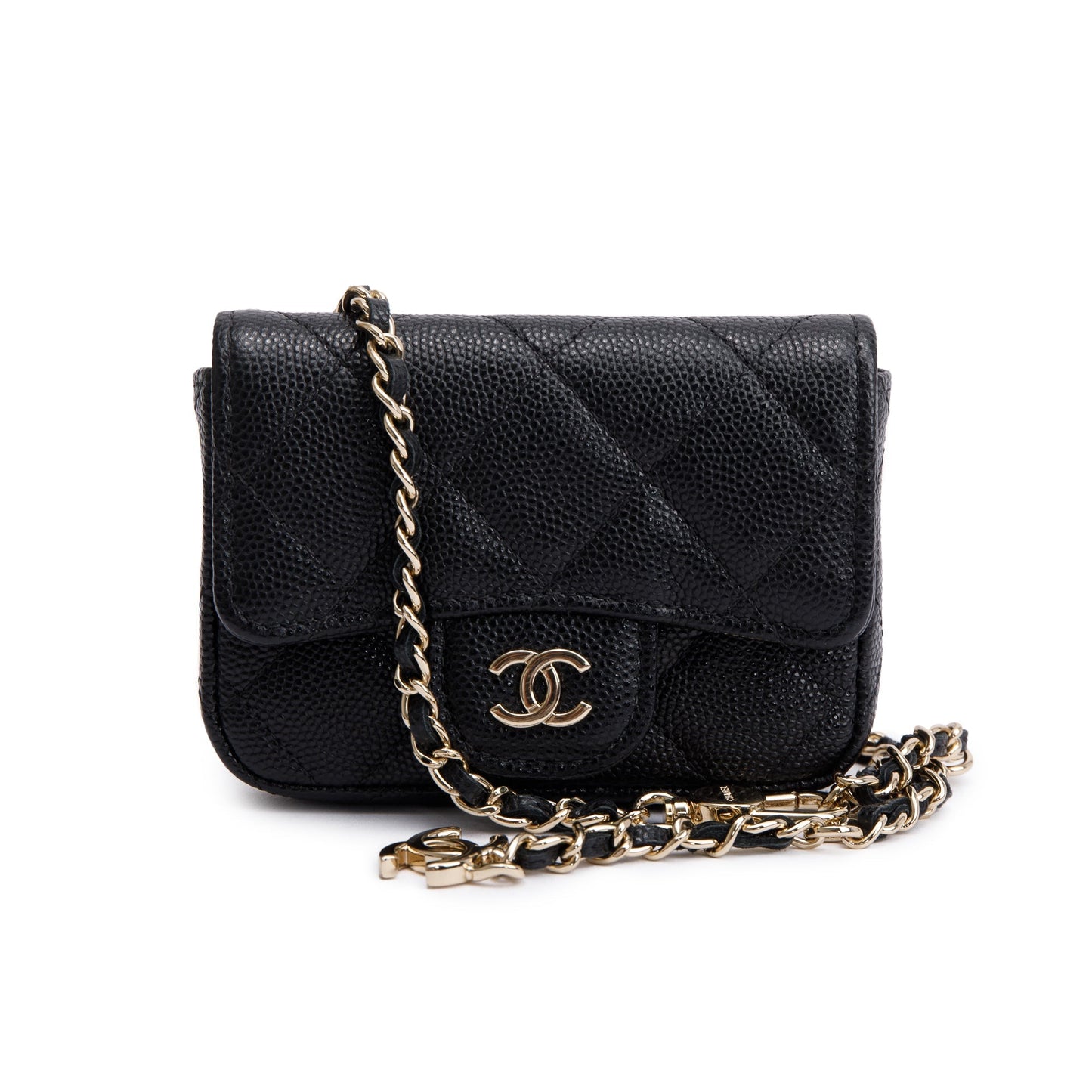 Chanel 2020 Black Quilted Caviar Leather Mini Chain Belt Bag