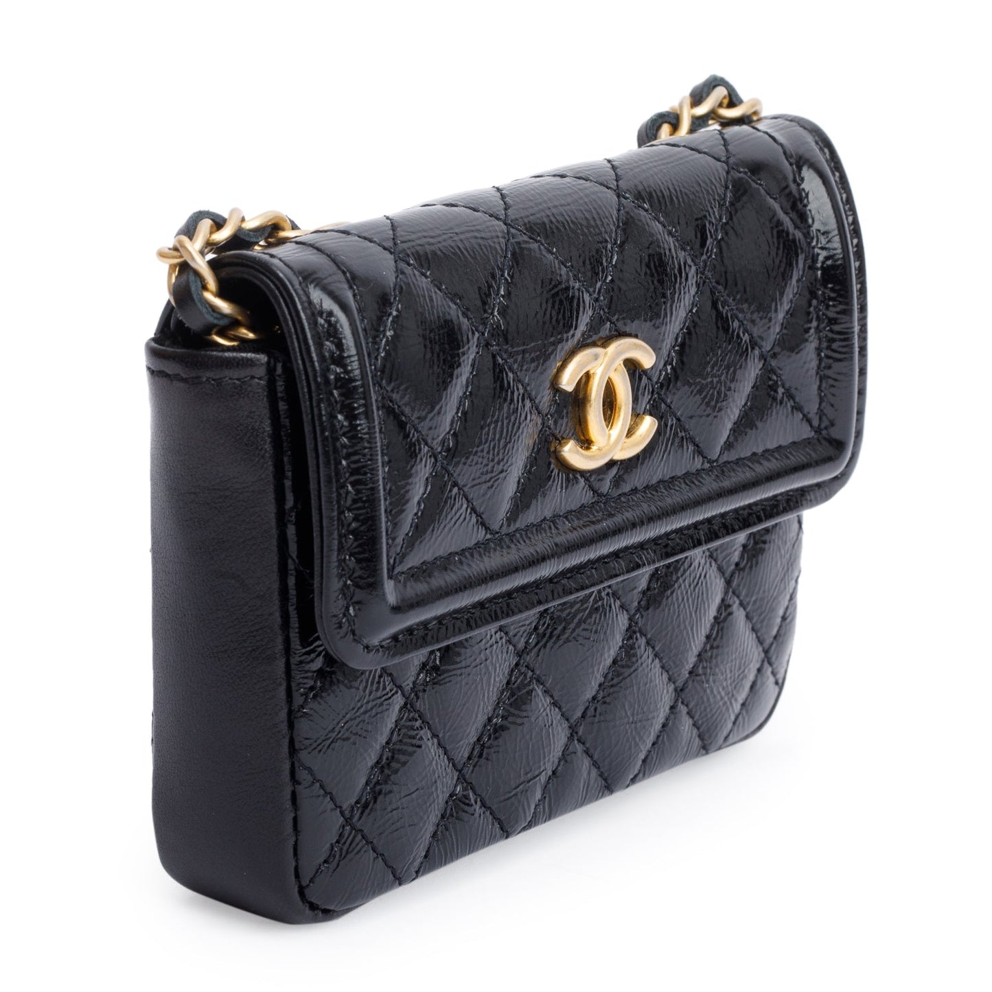Chanel 2020 Black Quilted Shiny Aged Calfskin Leather Mini Chain Belt Bag