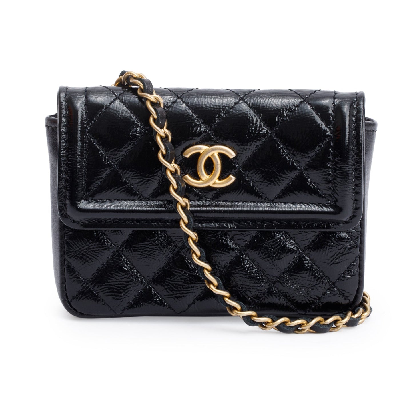 Chanel 2020 Black Quilted Shiny Aged Calfskin Leather Mini Chain Belt Bag