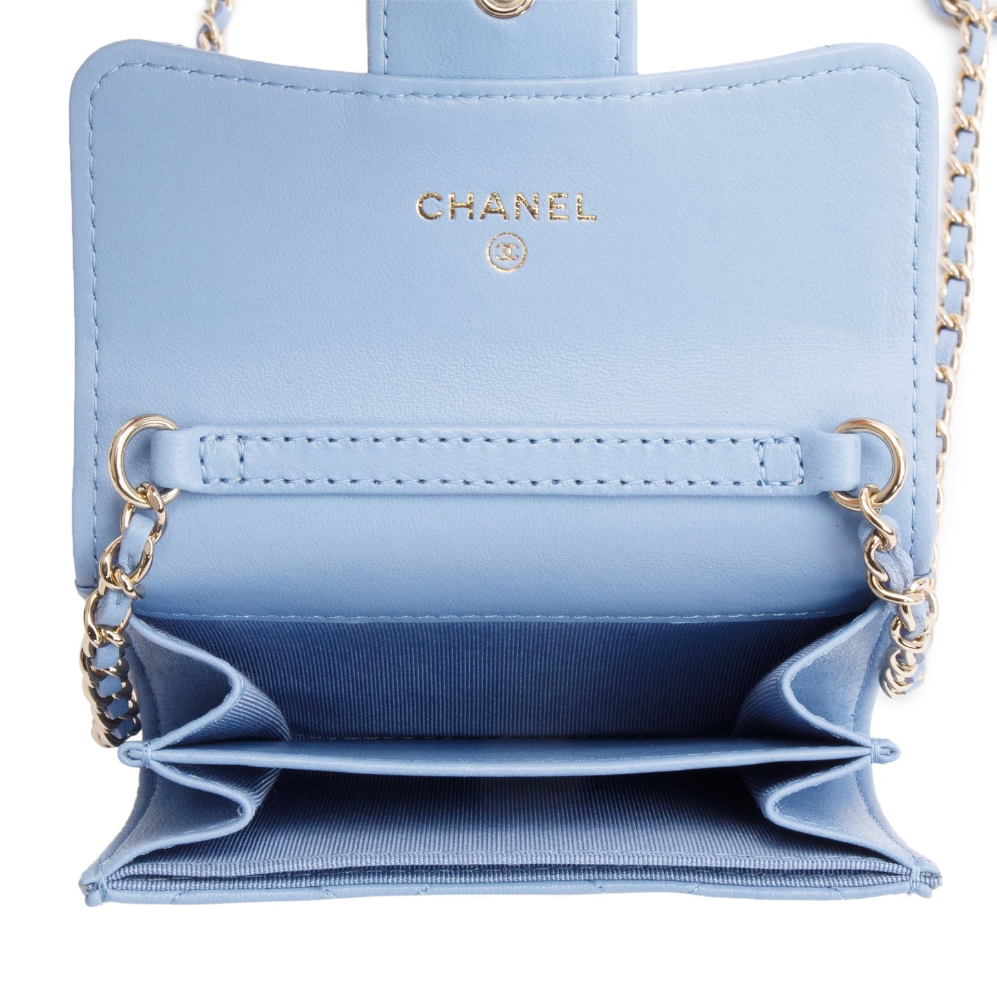 Chanel 2020 Blue Lambskin Quilted Leather Card Holder On Chain