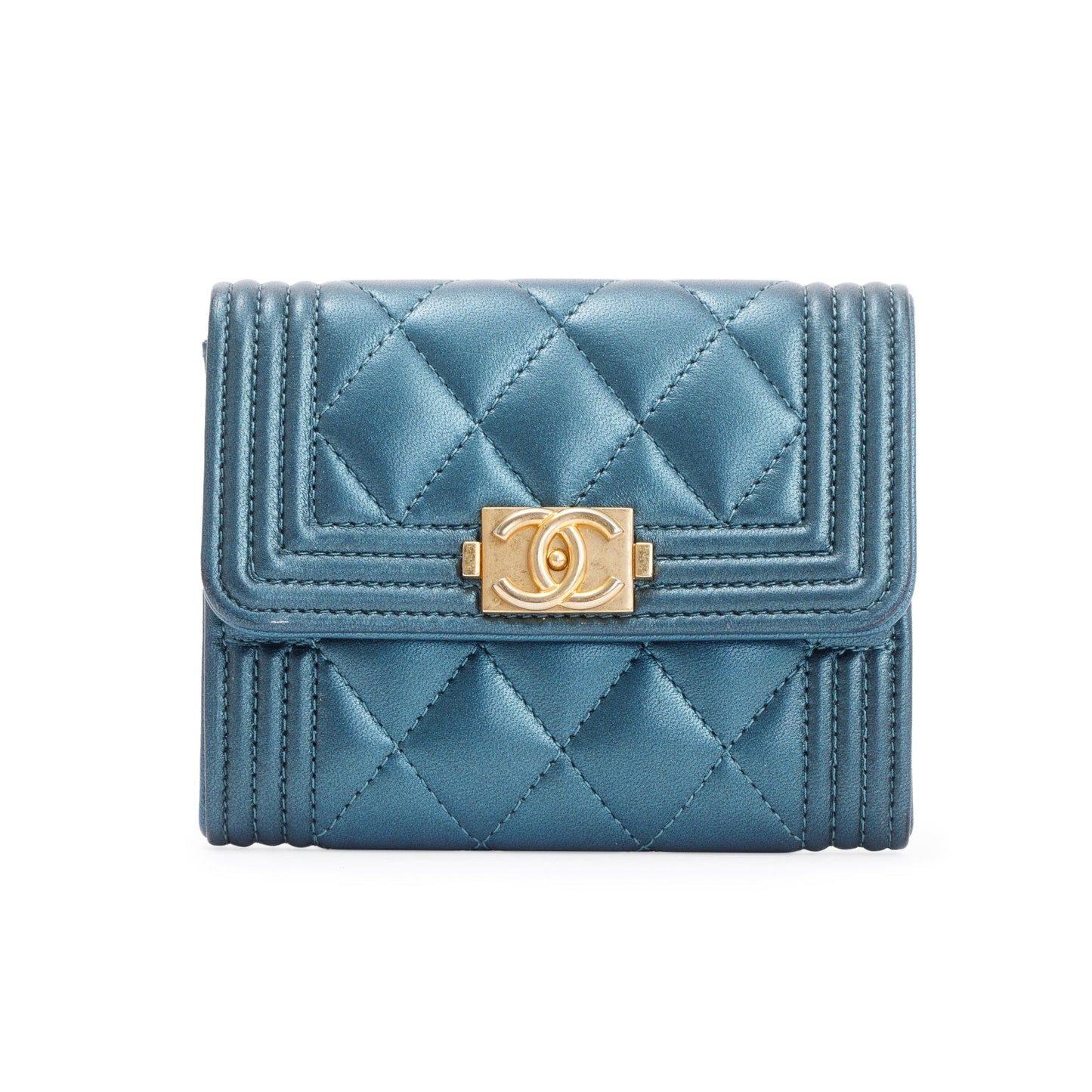 Chanel 2020 Blue Metallic Lambskin Boy Flap Card Holder