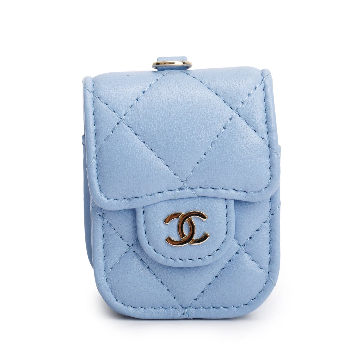 Chanel 2020 Blue Quilted Lambskin Leather Airpods Flap Case on Chain