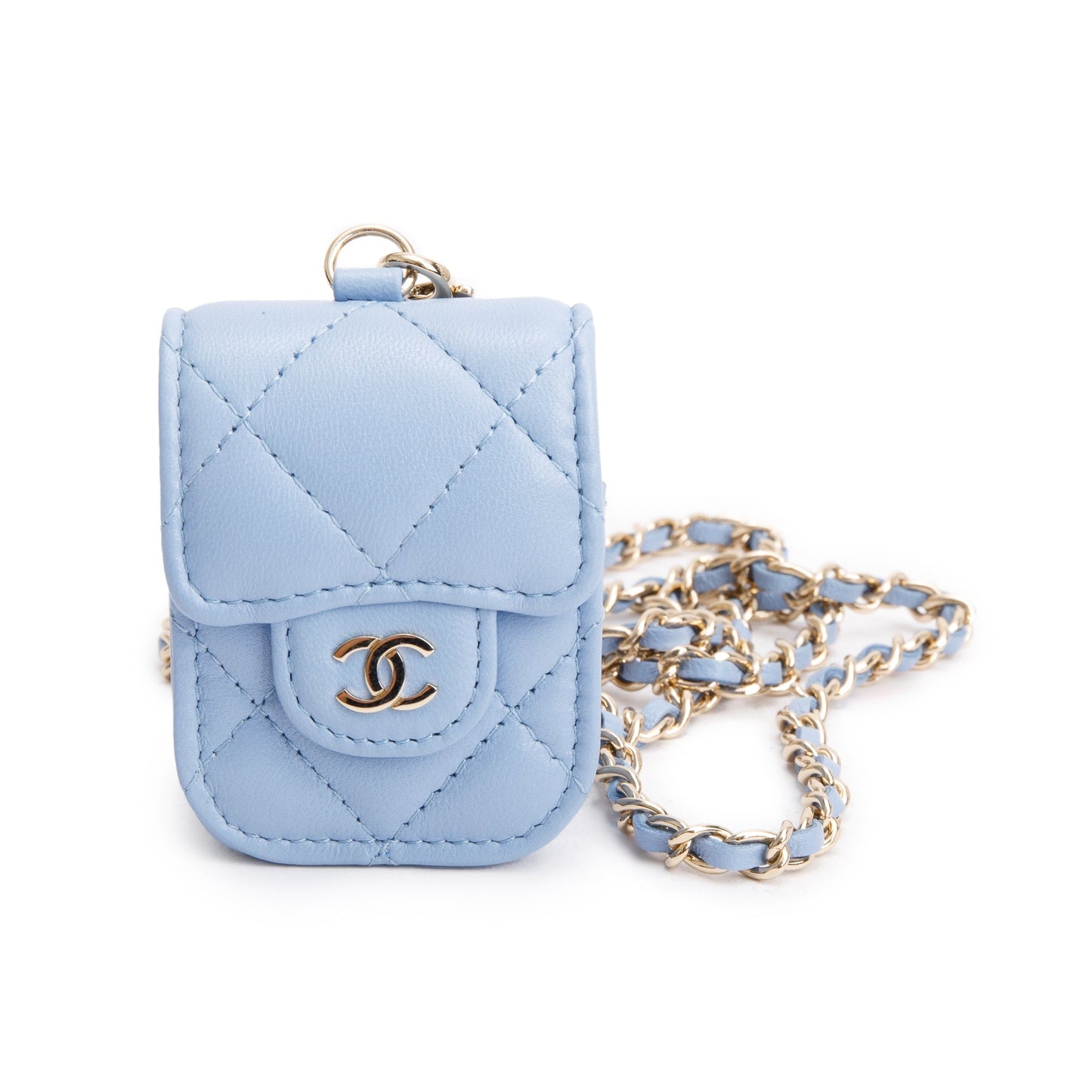 Chanel 2020 Blue Quilted Lambskin Leather Airpods Flap Case on Chain