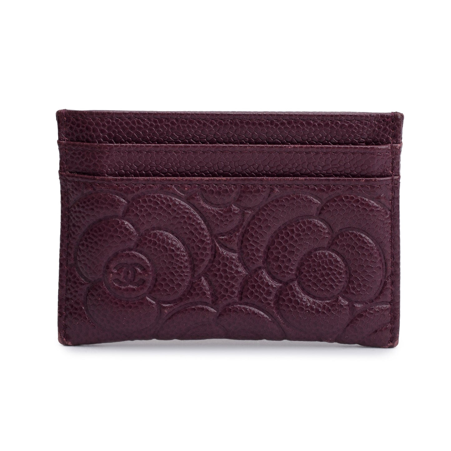 Chanel 2020 Burgundy Camellia Embossed Caviar Leather Classic Card Holder