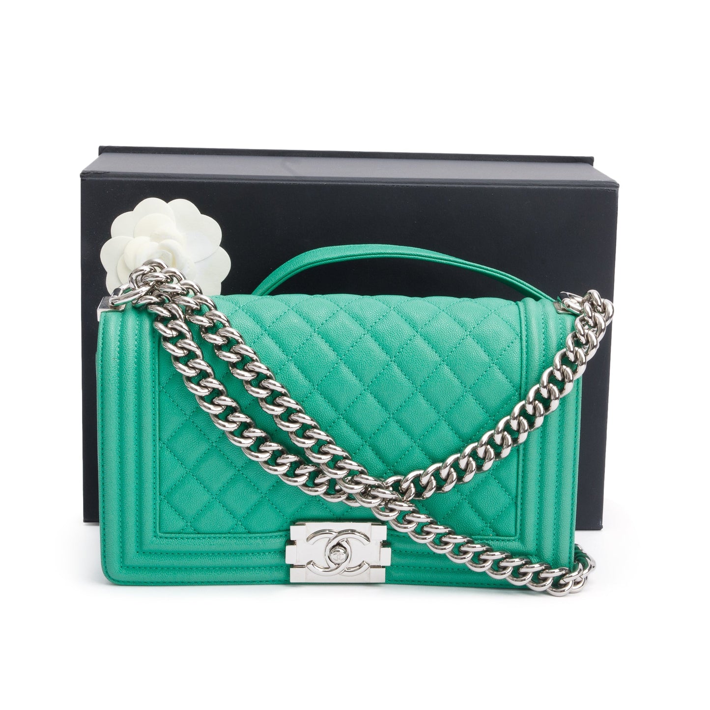 Chanel 2020 Green Quilted Caviar Leather Medium Boy Bag