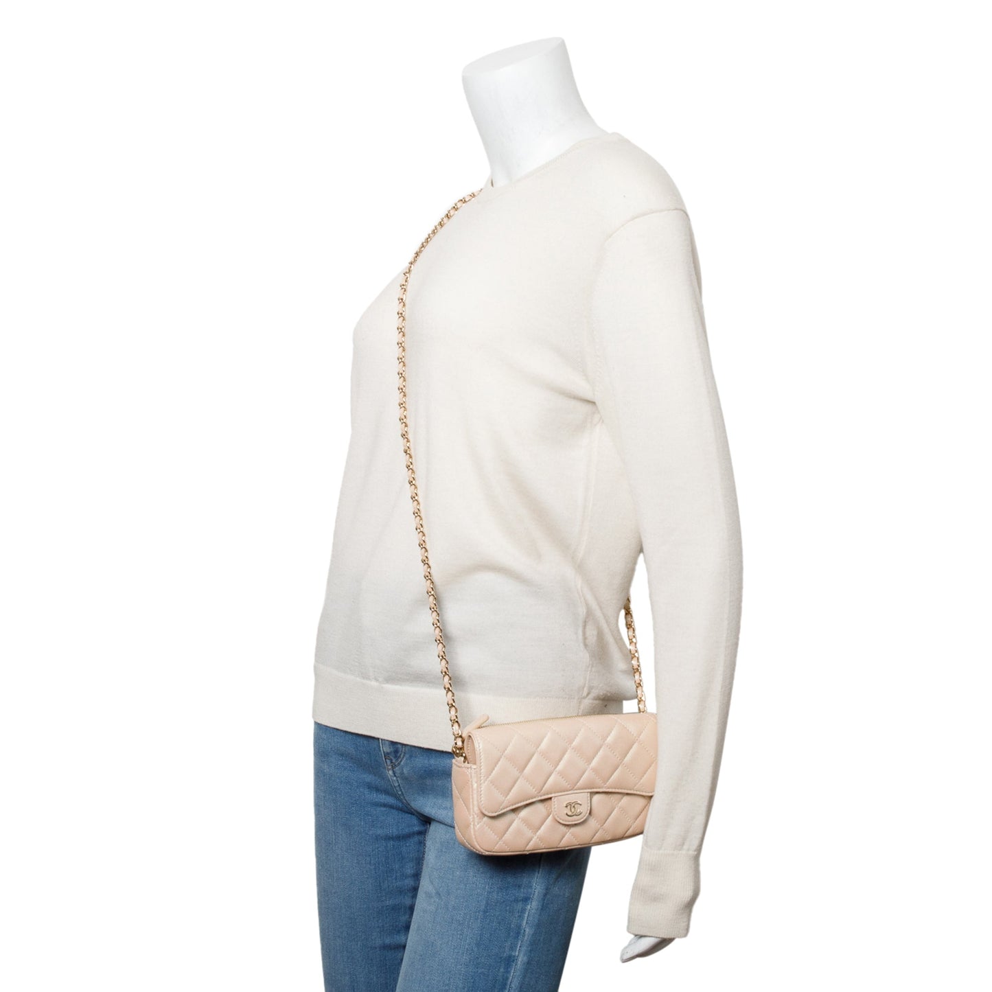 Chanel 2021 Beige Iridescent Quilted Calfskin Leather Classic Flap Phone Holder on Chain