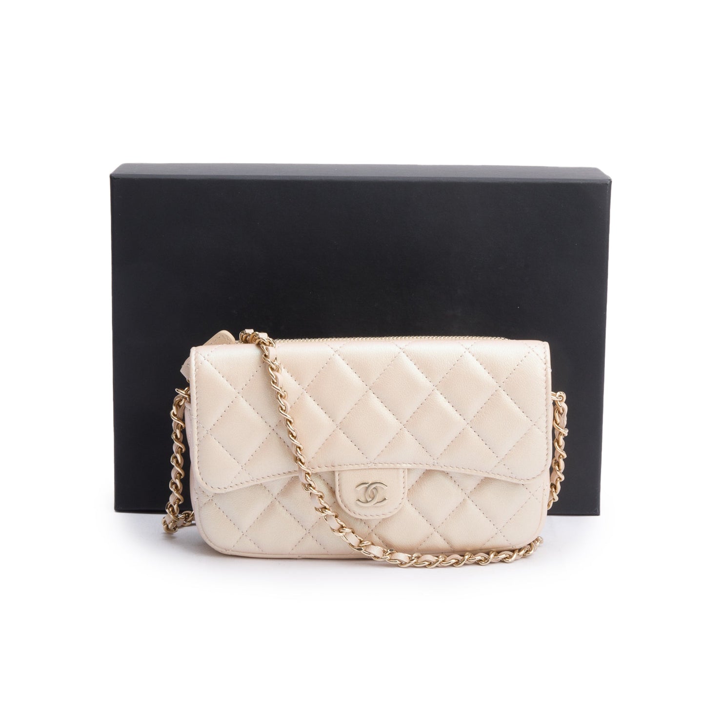 Chanel 2021 Beige Iridescent Quilted Calfskin Leather Classic Flap Phone Holder on Chain