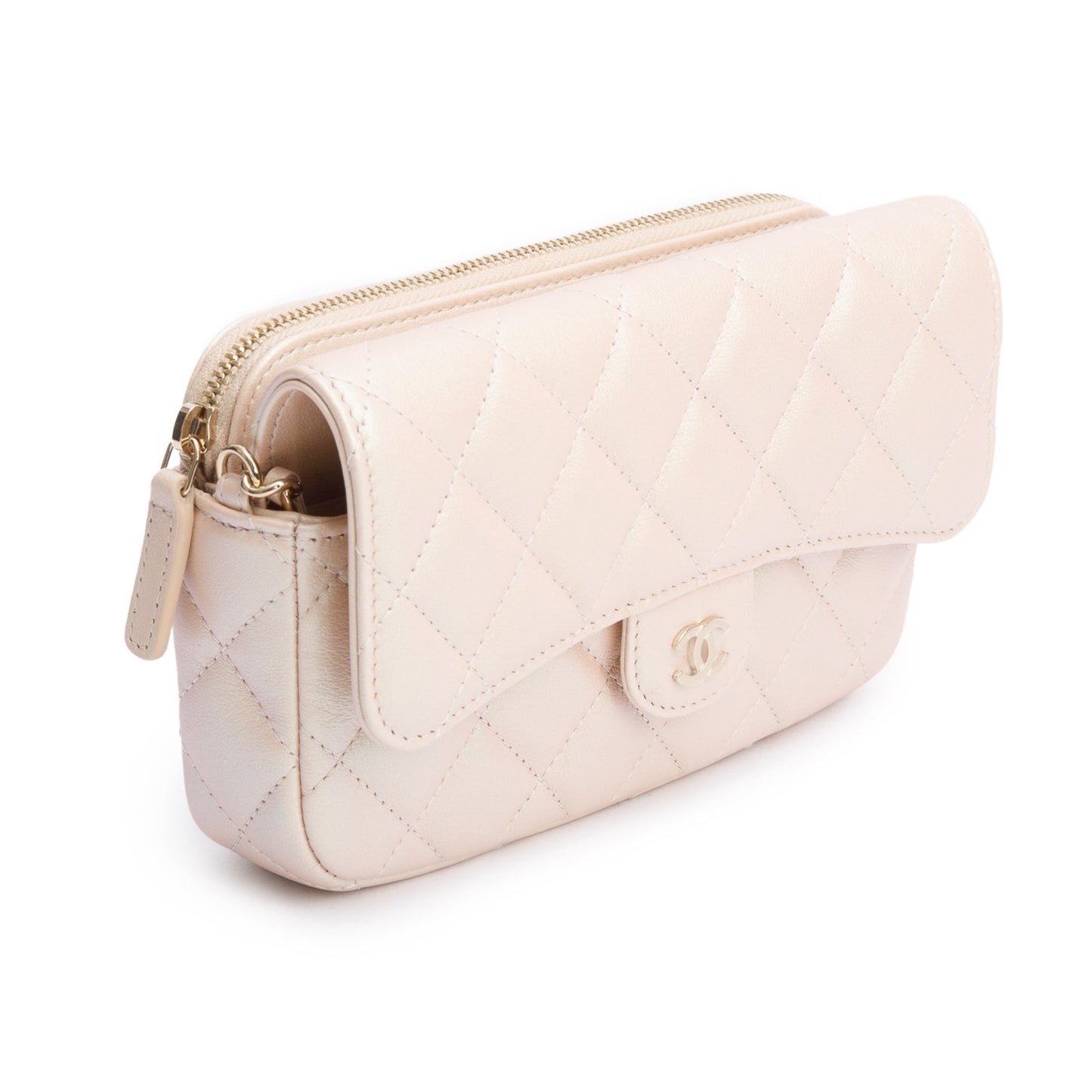 Chanel 2021 Beige Iridescent Quilted Calfskin Leather Classic Flap Phone Holder on Chain