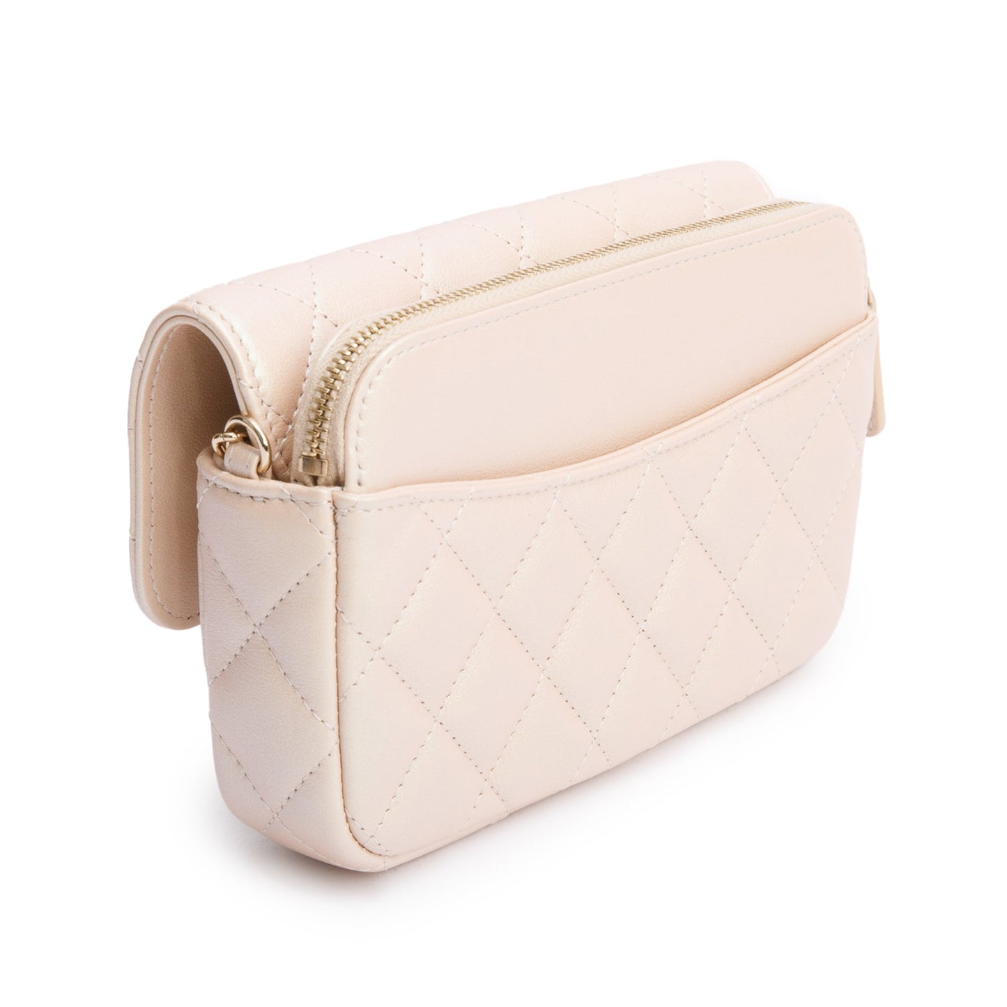 Chanel 2021 Beige Iridescent Quilted Calfskin Leather Classic Flap Phone Holder on Chain