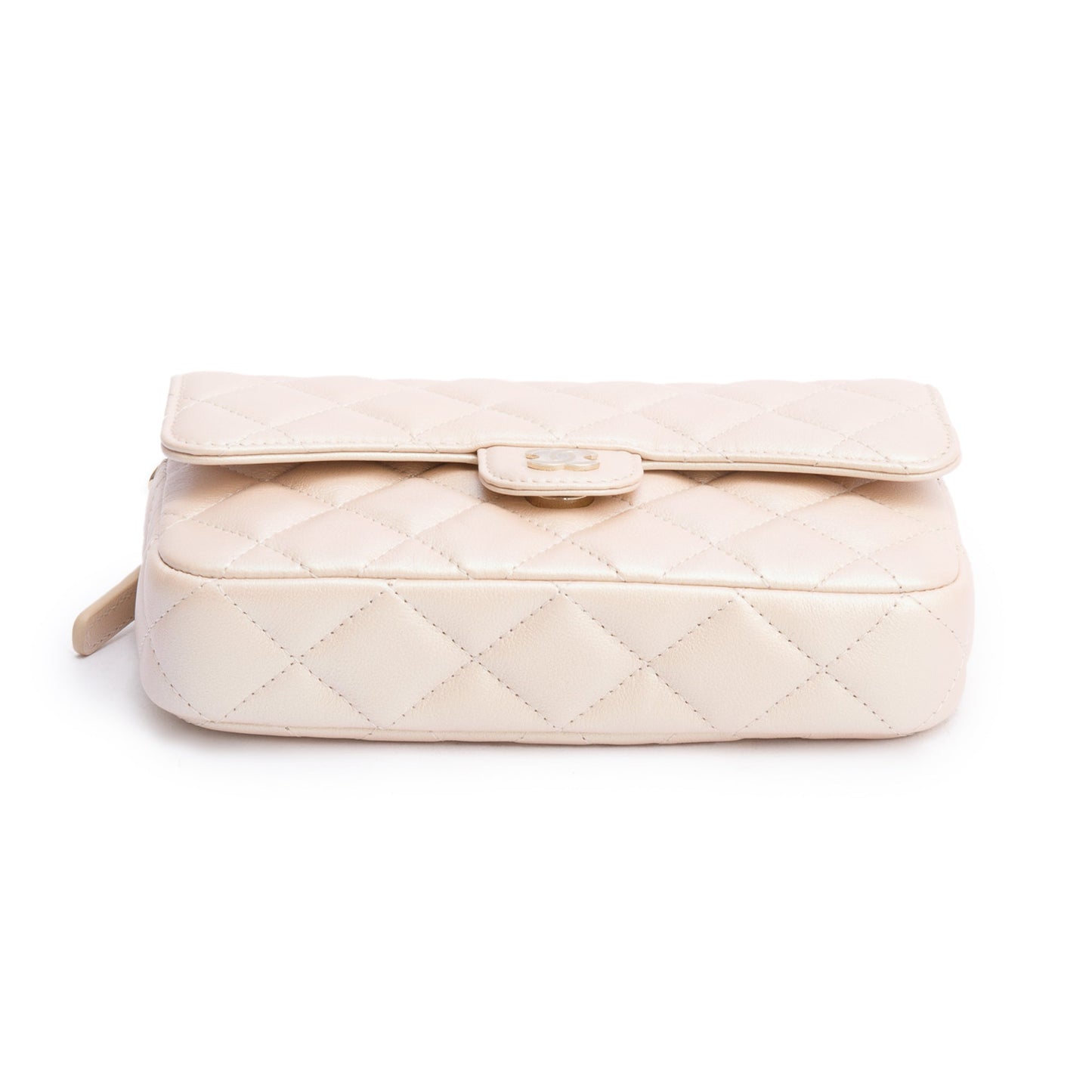 Chanel 2021 Beige Iridescent Quilted Calfskin Leather Classic Flap Phone Holder on Chain