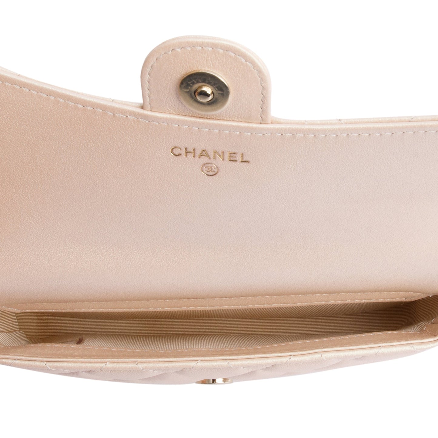 Chanel 2021 Beige Iridescent Quilted Calfskin Leather Classic Flap Phone Holder on Chain