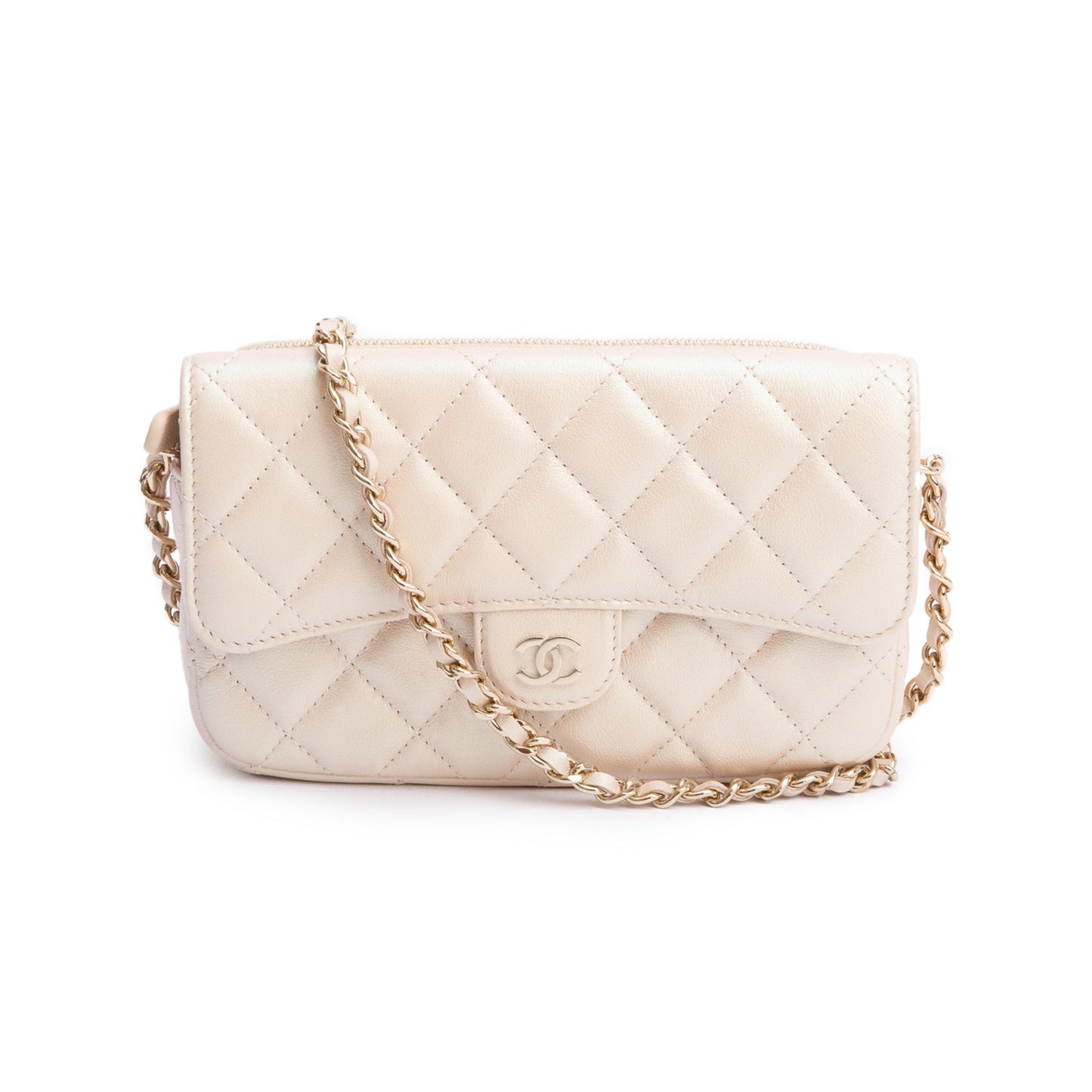 Chanel 2021 Beige Iridescent Quilted Calfskin Leather Classic Flap Phone Holder on Chain