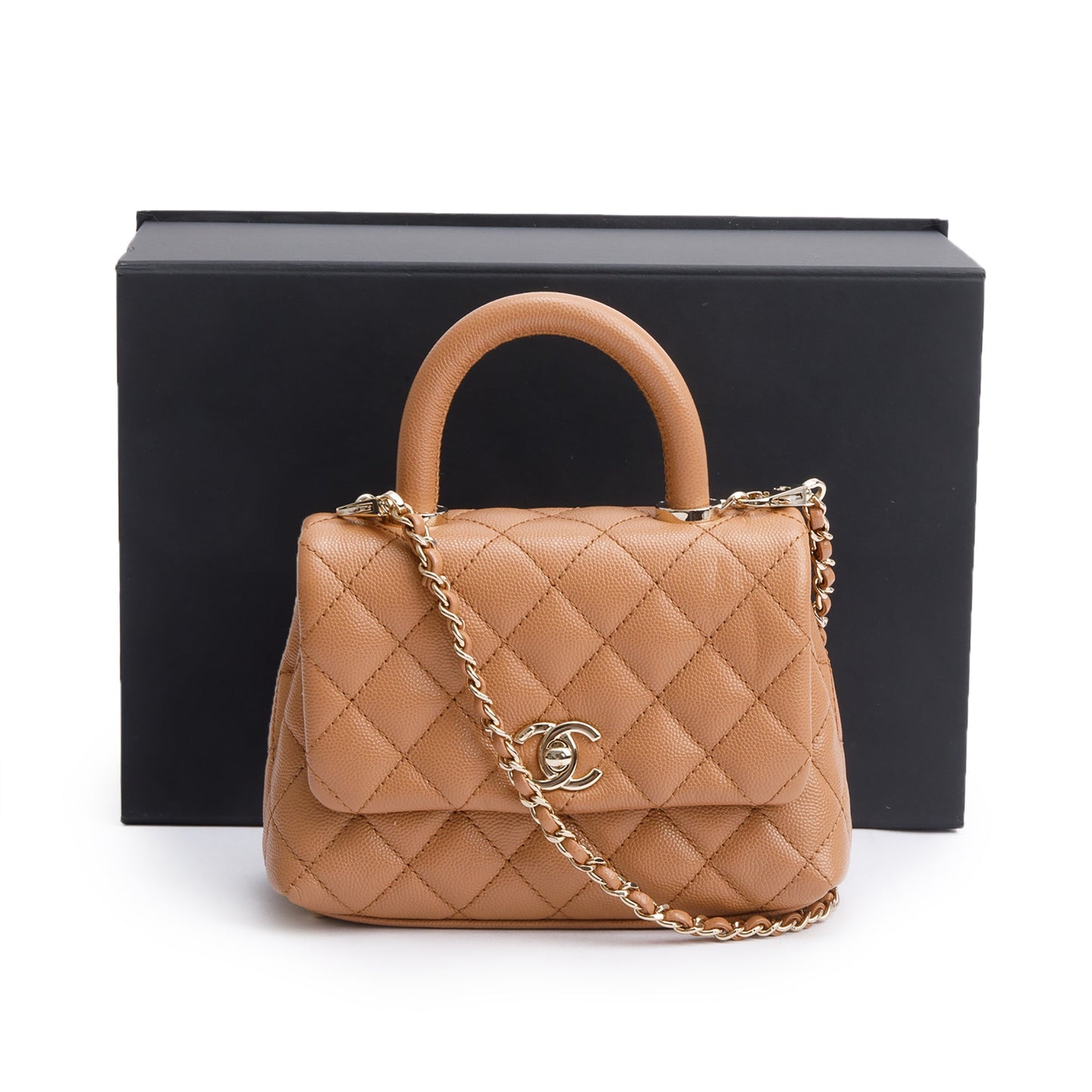 Chanel 2021 Beige Quilted Caviar Leather Mini Coco Top Handle Flap Bag