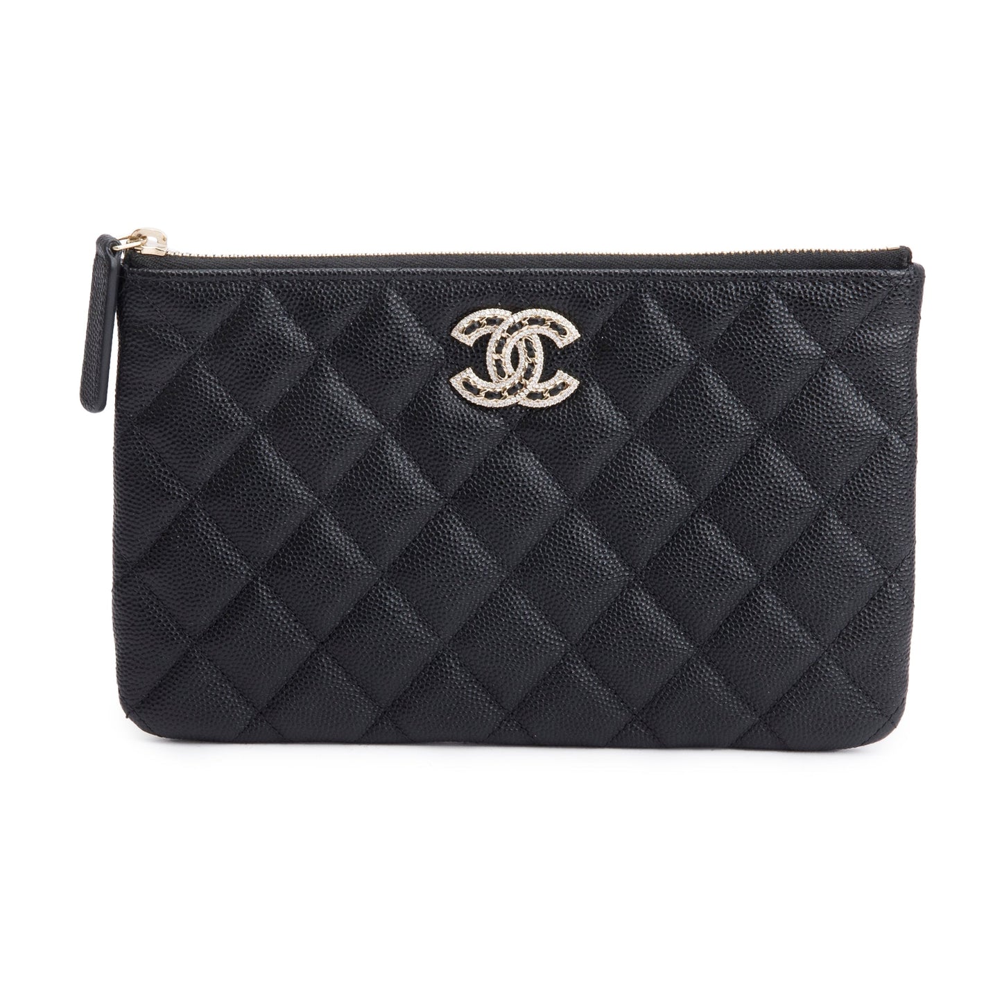 Chanel 2021 Black Quilted Caviar Leather Small CC Strass O-Case Clutch