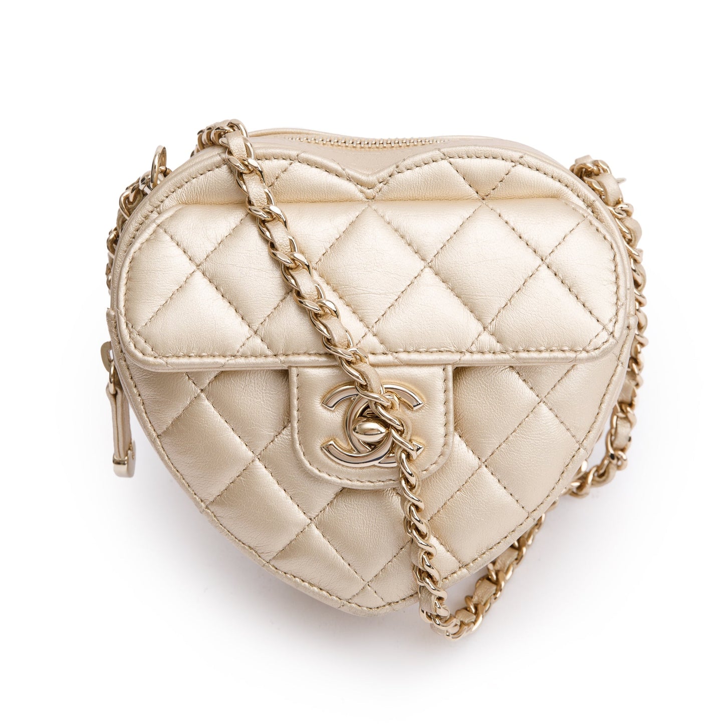 Chanel 2021 Gold Lambskin Leather Mini CC In Love Heart Bag
