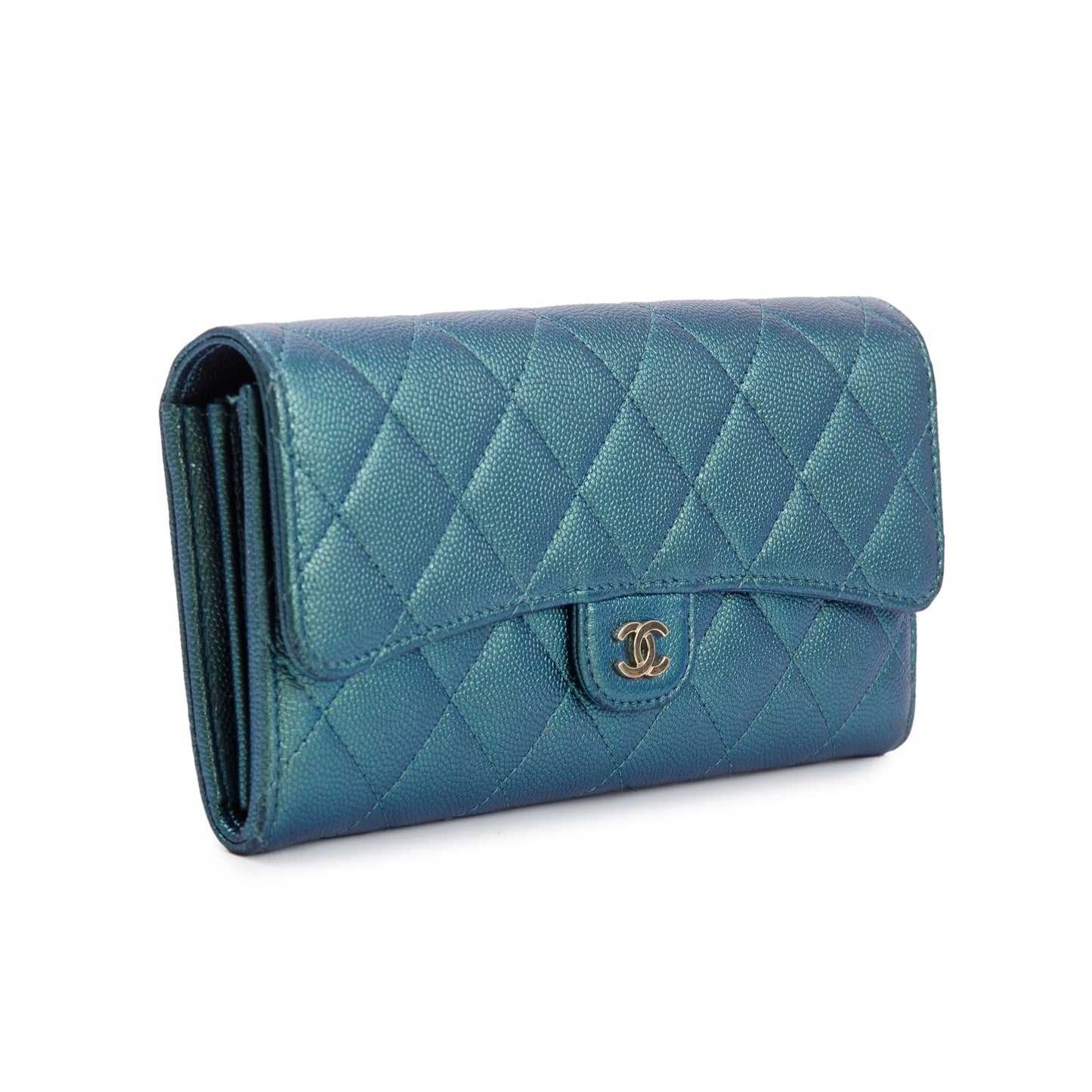 Chanel 2021 Green Iridescent Caviar Leather Classic Long Flap Wallet